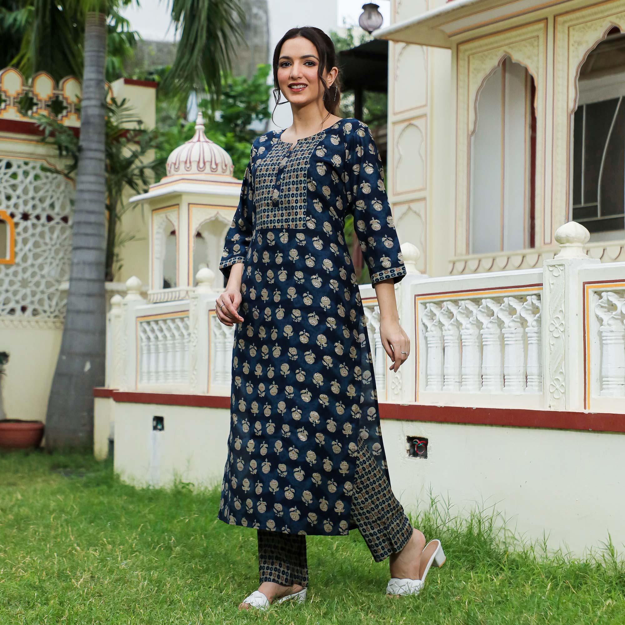 Blue Floral Foil Printed Modal Suit