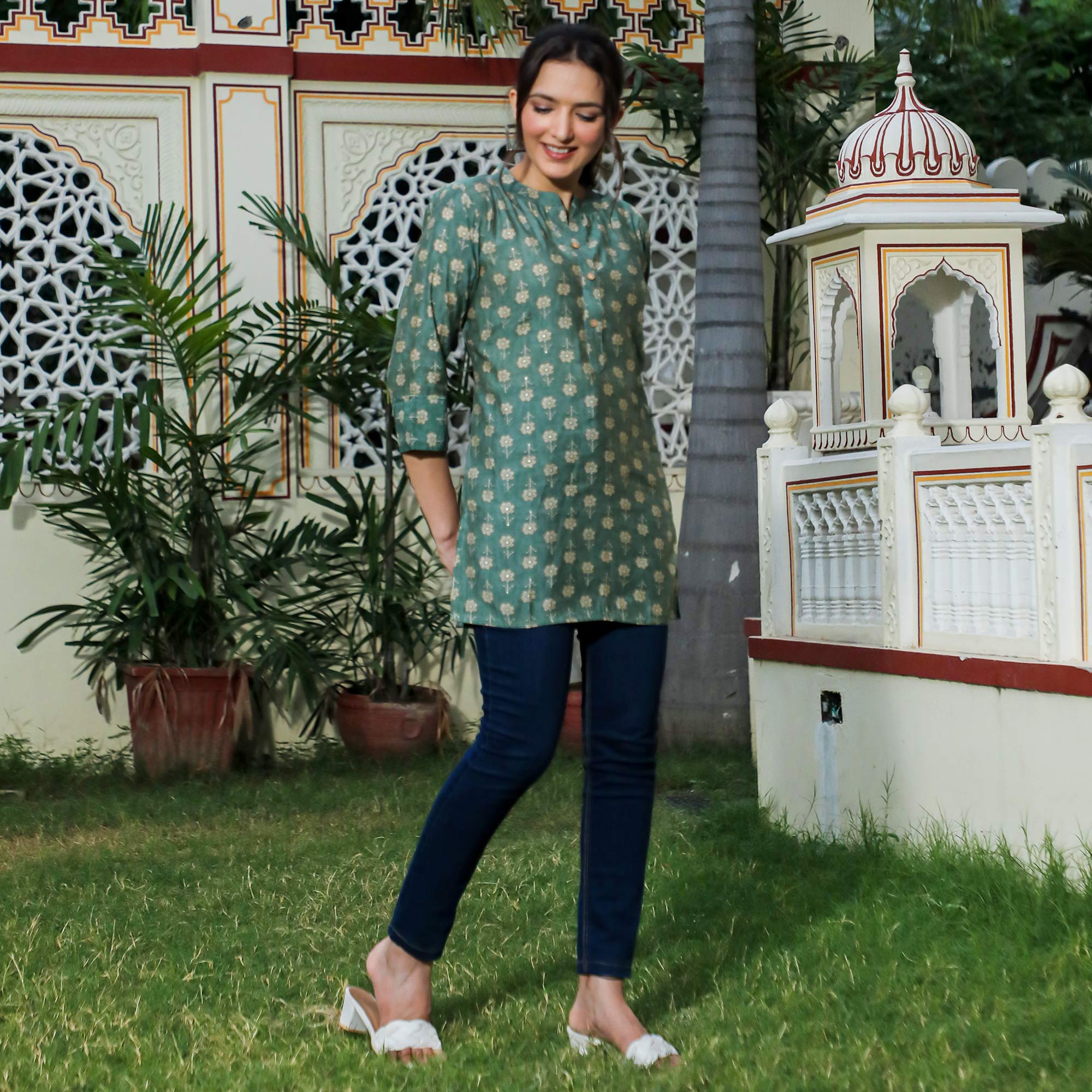 Green Floral Foil Printed Chanderi Top