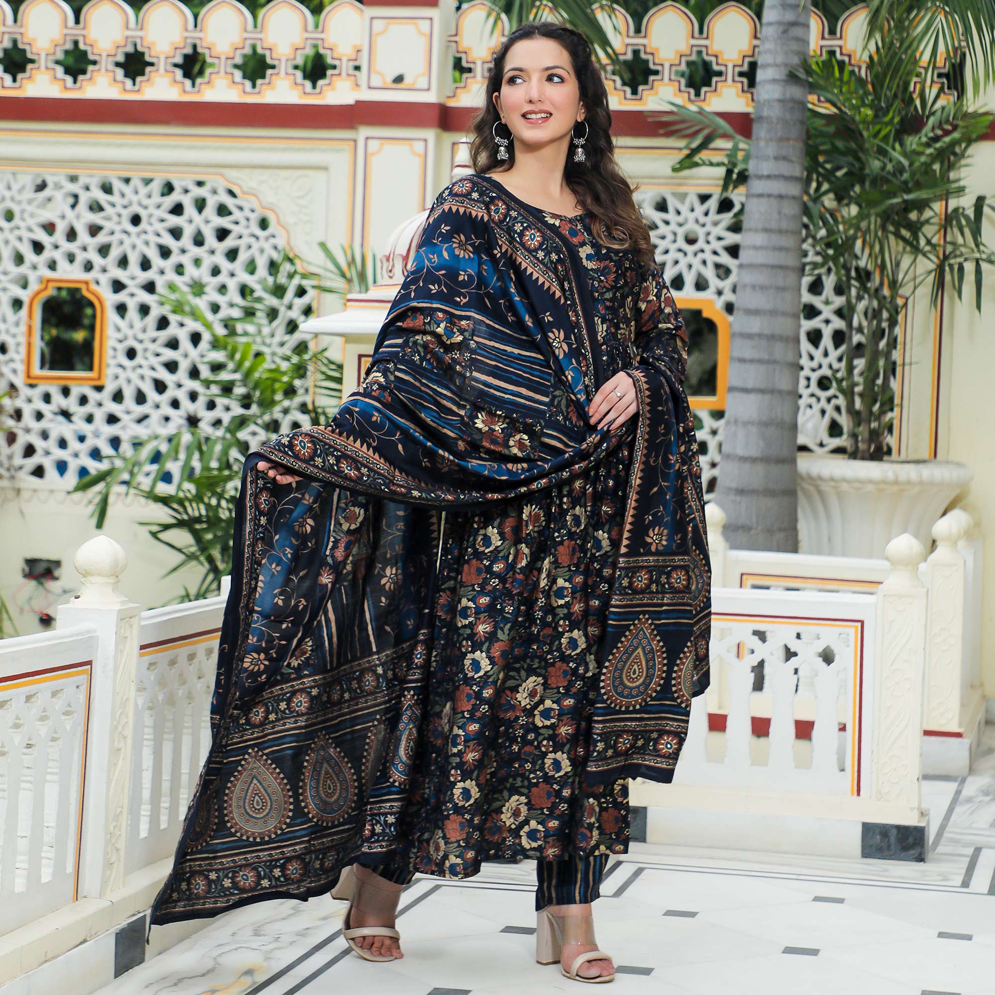 Blue Floral Foil Printed Chanderi Suit