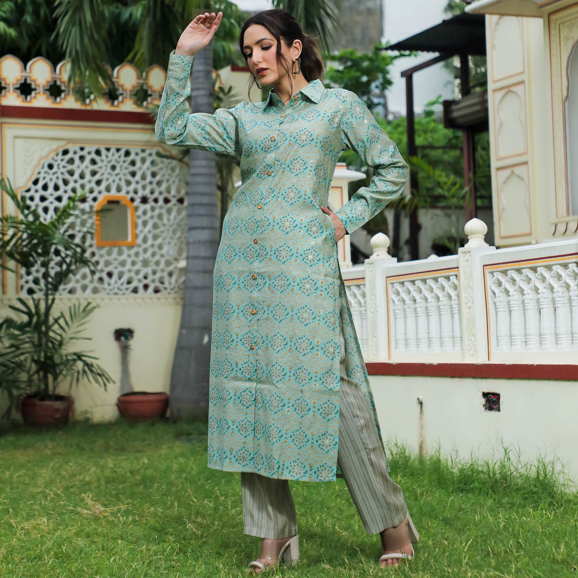 Green Foil Printed Chanderi Kurti Pant Set