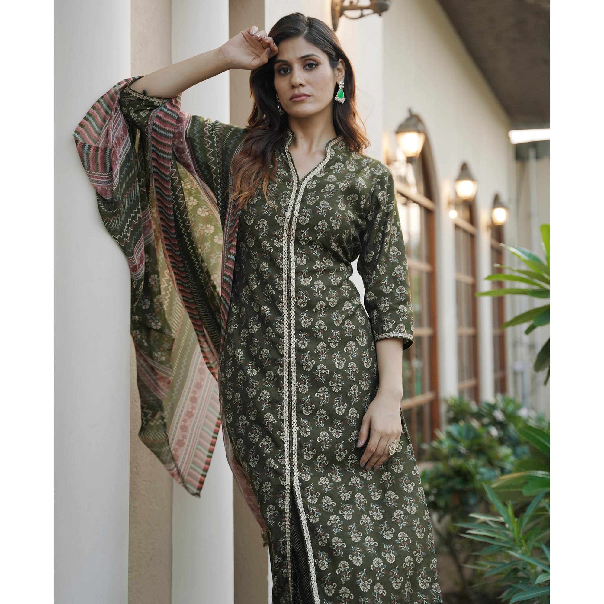 Green Floral Foil Printed Modal Suit