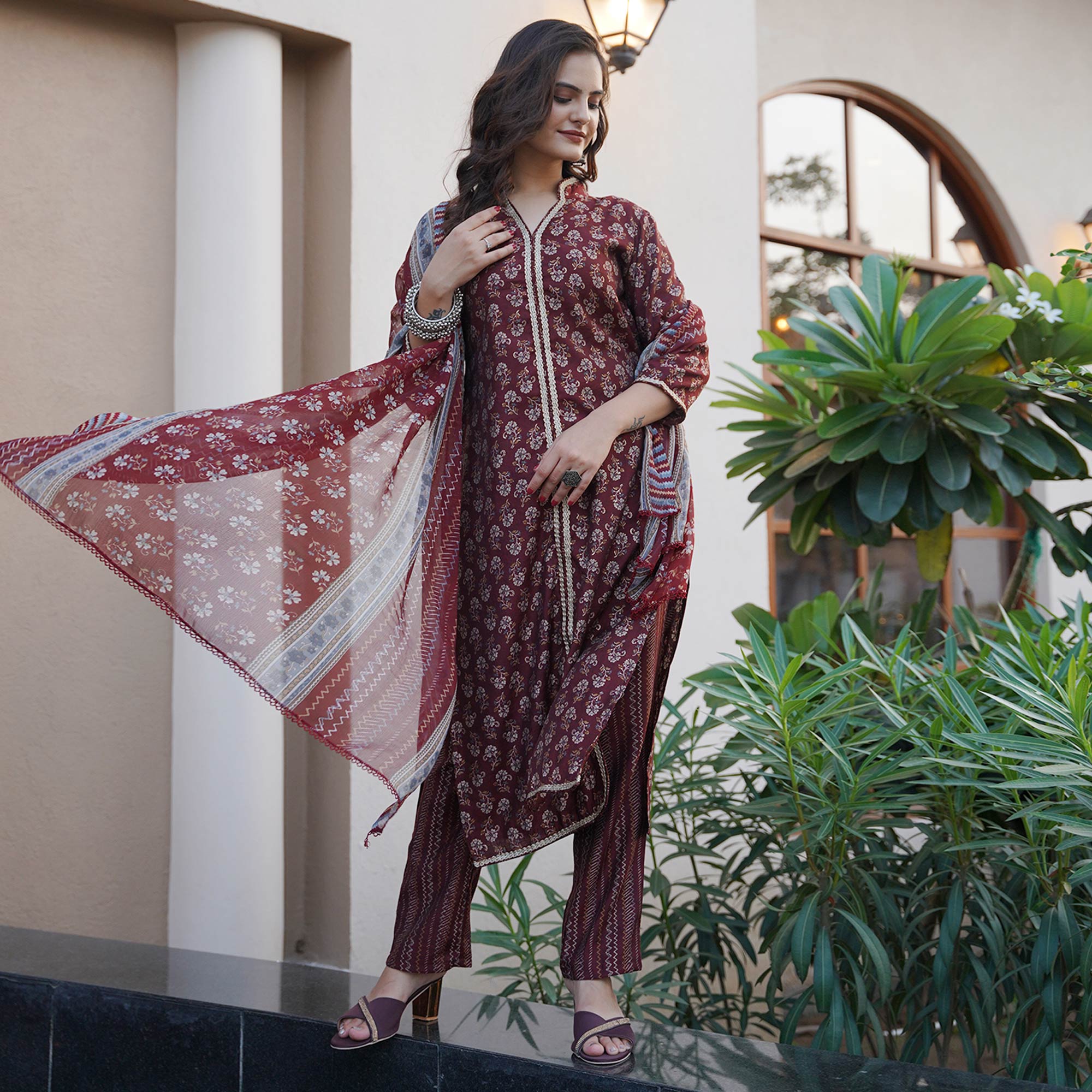 Maroon Floral Foil Printed Modal Suit