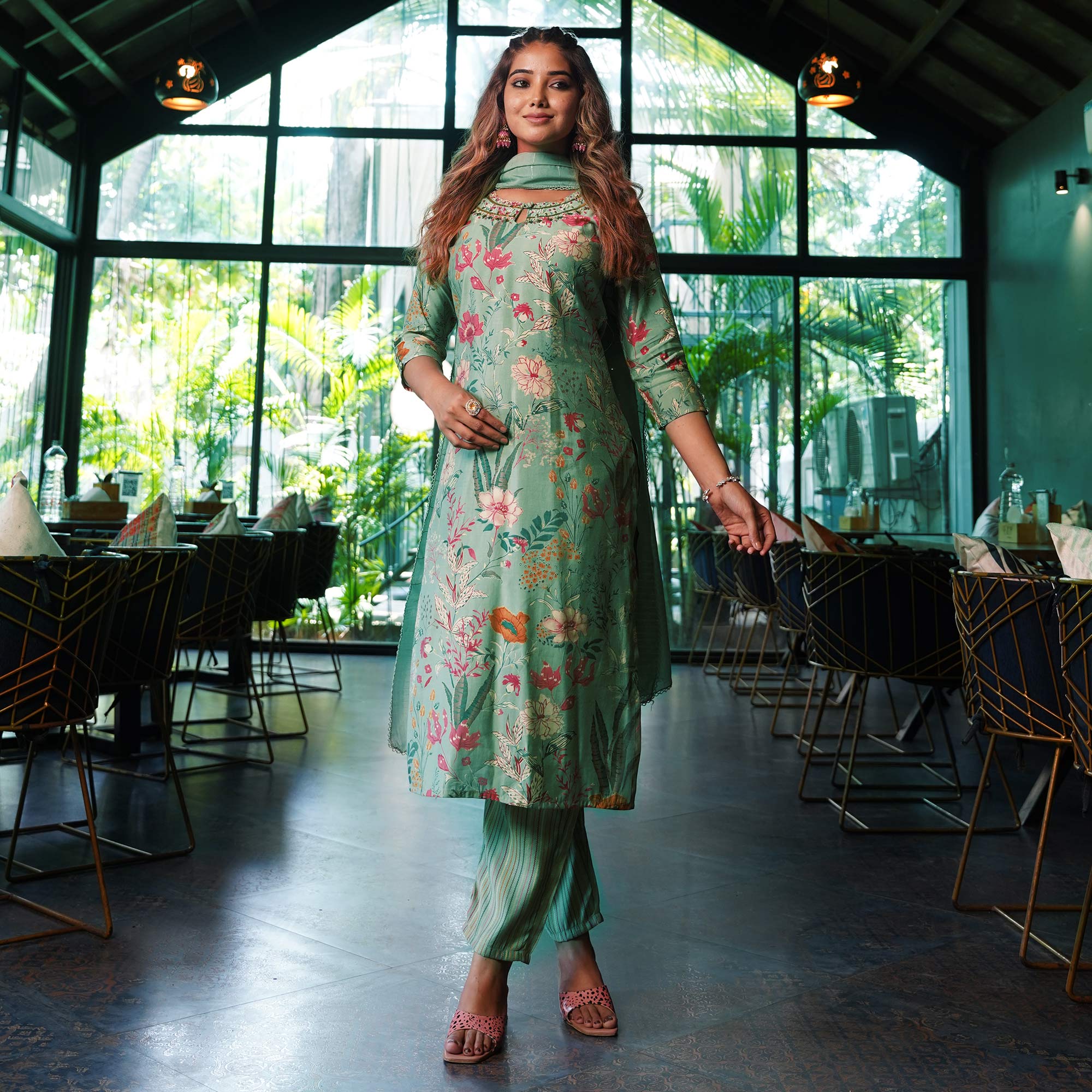 Turquoise Straight Chanderi Silk Suit With Handcrafted & Foil Print