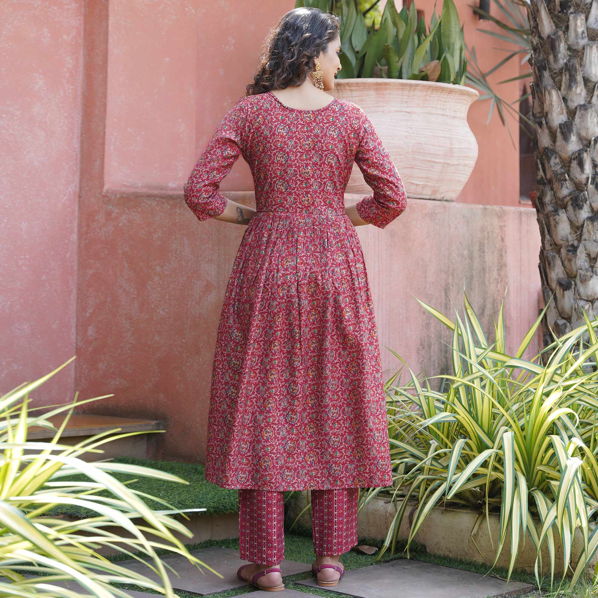 Maroon Floral Printed Chanderi Silk Naira Cut Suit