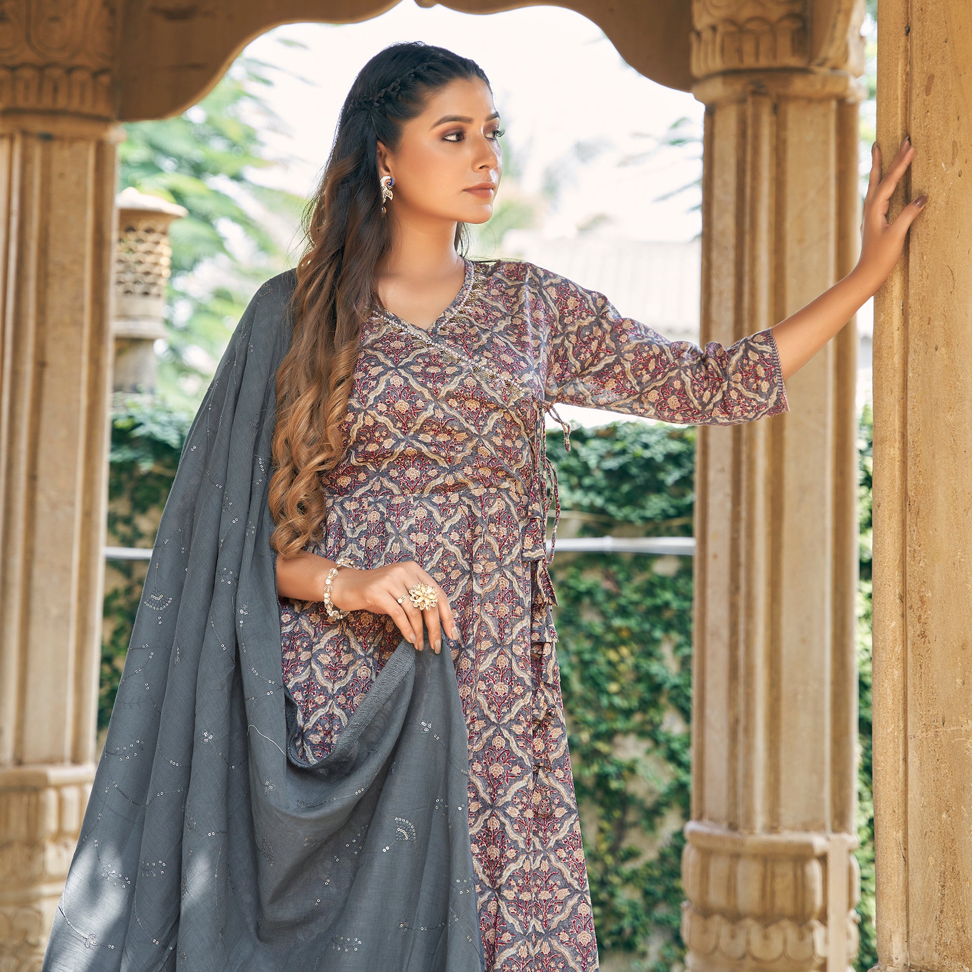 Grey Angrakha Pure Cotton Suit with Foil Print & Zardozi Handcrafted Neckline