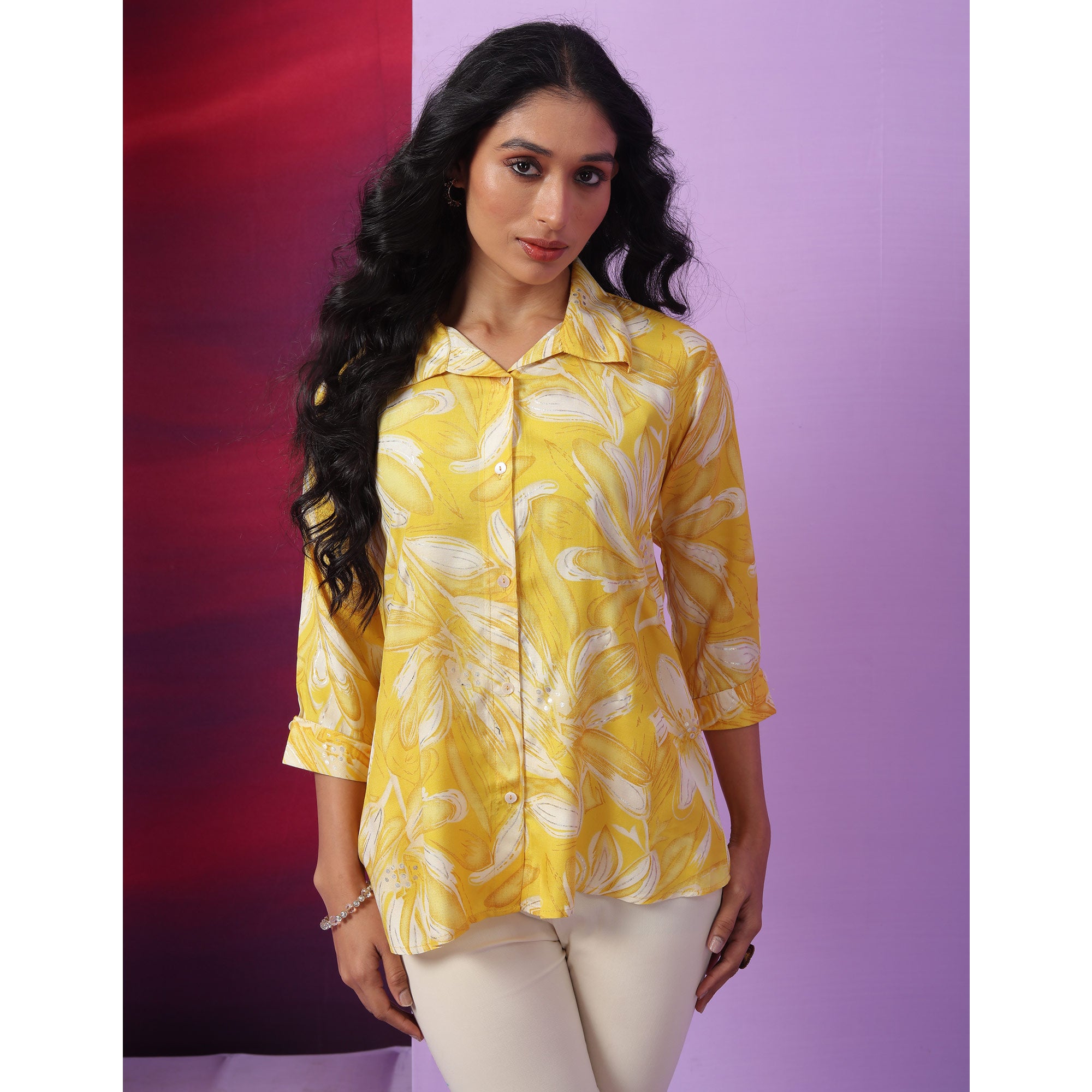 Yellow & White Floral Foil Printed Muslin Top