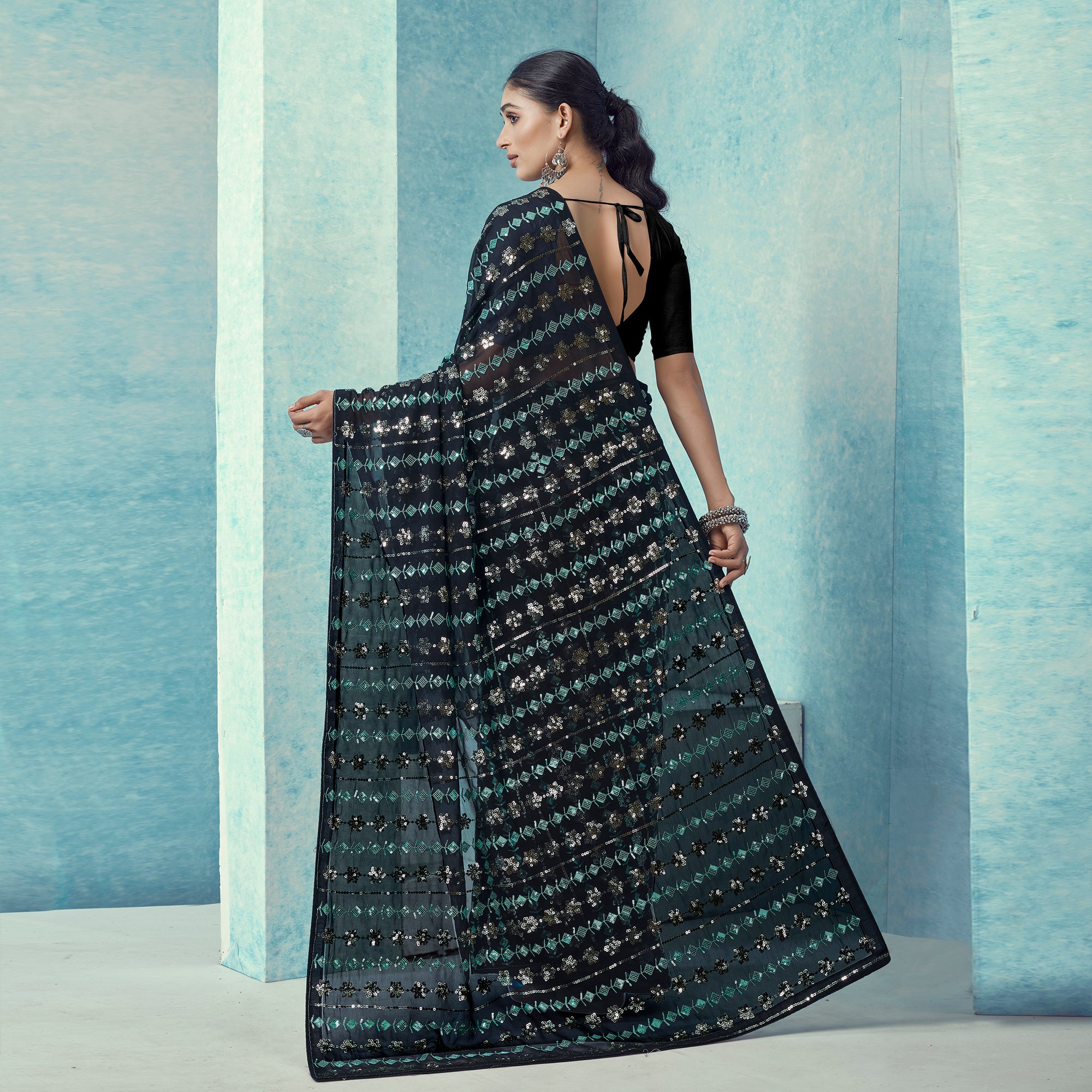 Black Sequins Embroidered Georgette Saree