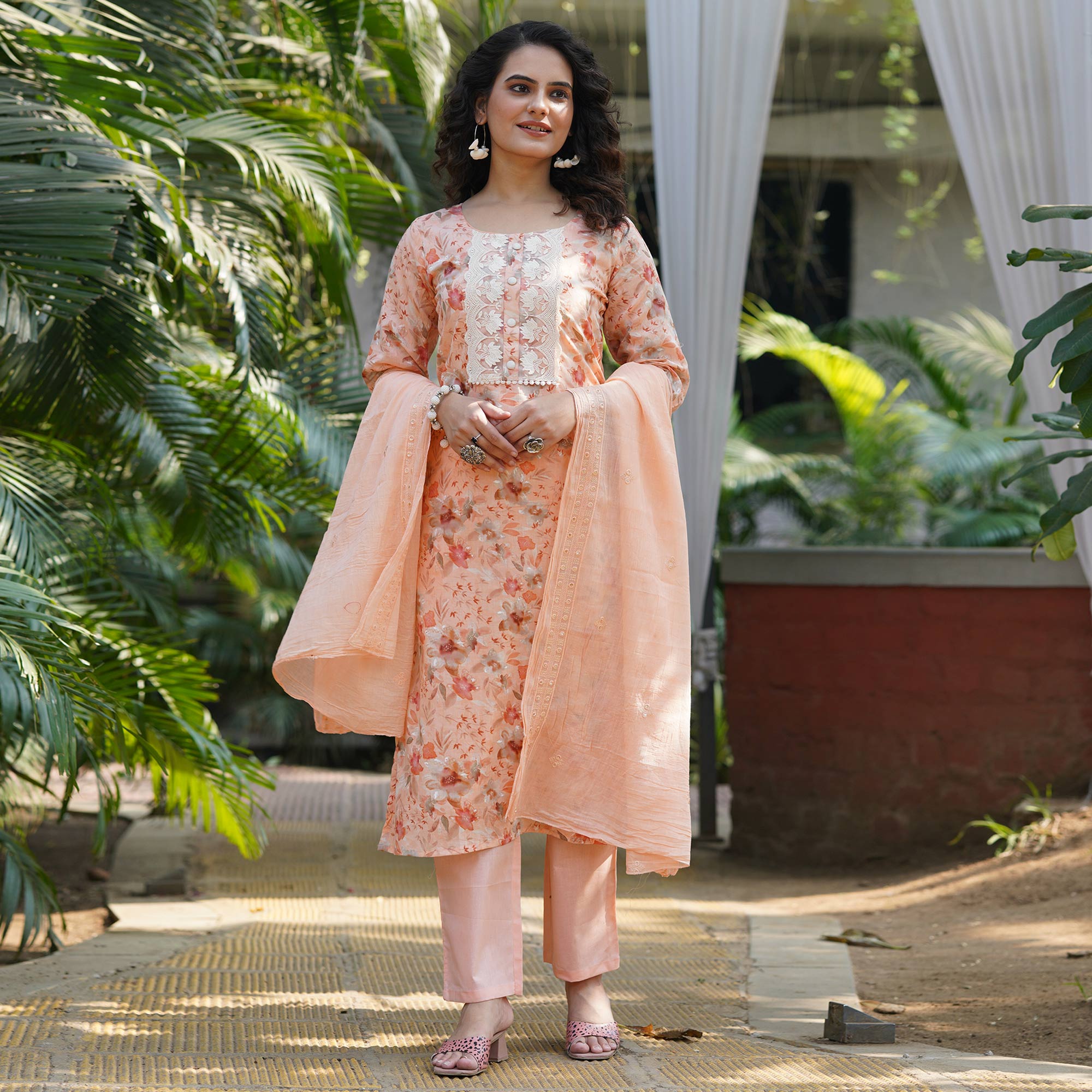 Peach Straight Pure Cotton Suit With Foil Print & Yoke Embroidery