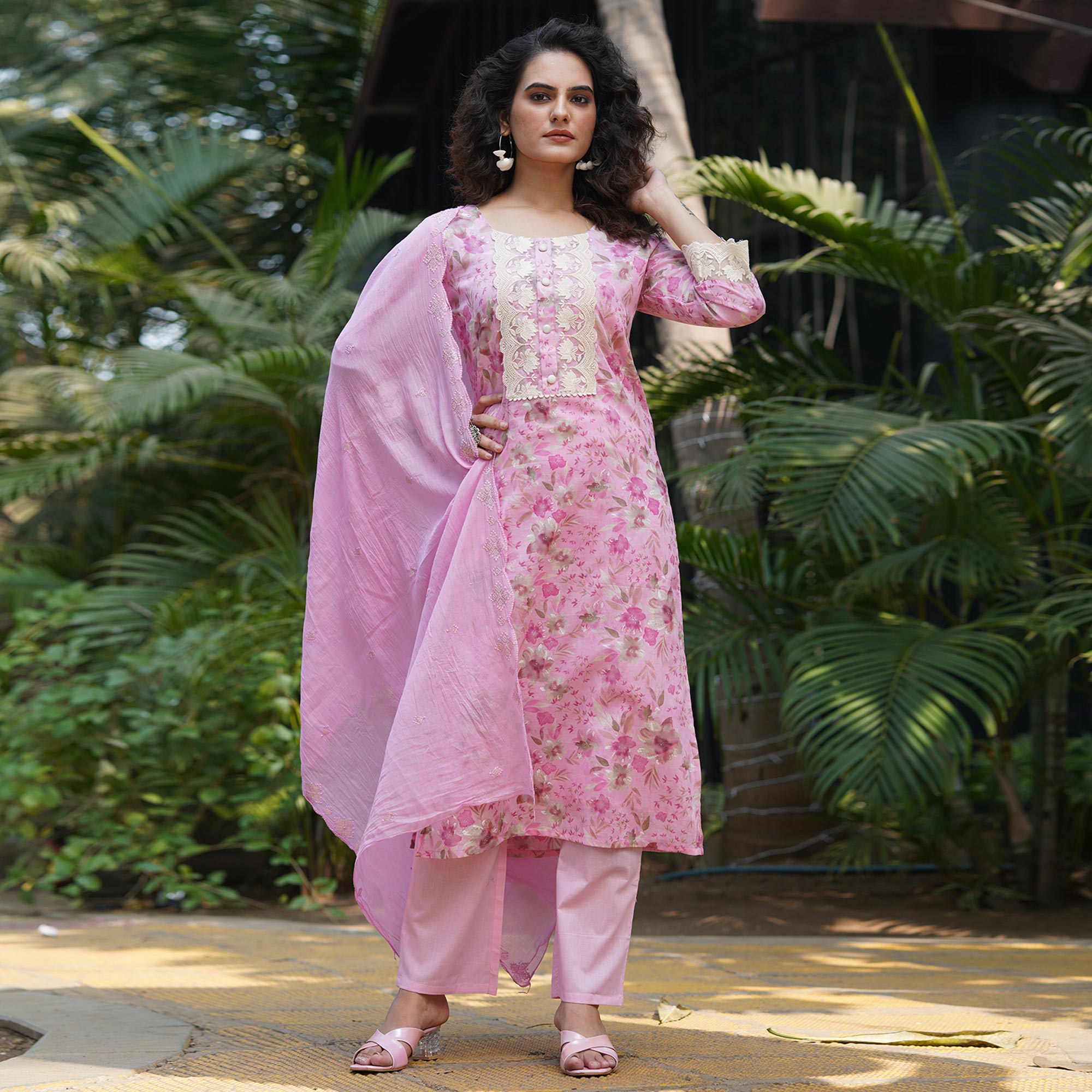 Pink Straight Pure Cotton Suit With Foil Print & Yoke Embroidery