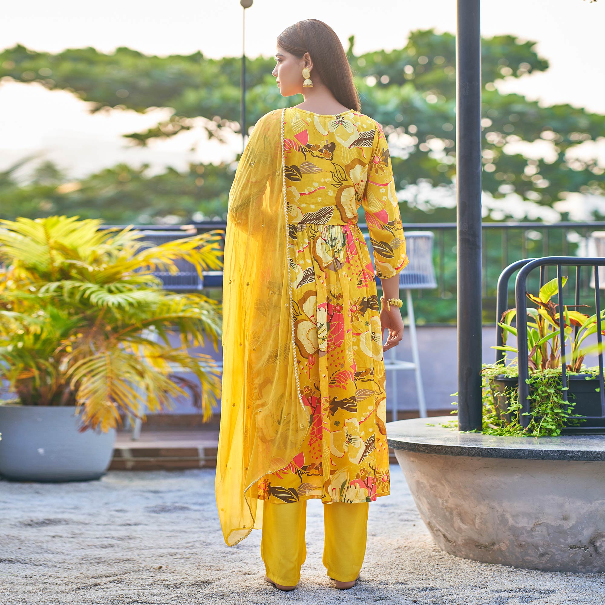 Mustard Chinon Alia Cut Suit with Zardosi Handcraft & Foil Print