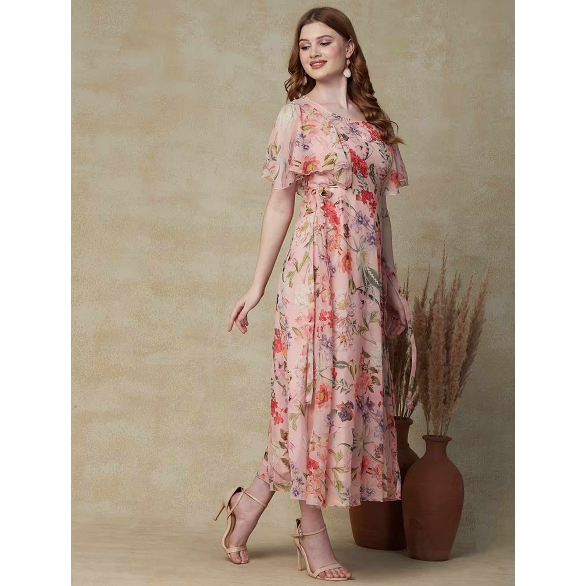 Peach Floral Printed A-Line Chiffon Dress