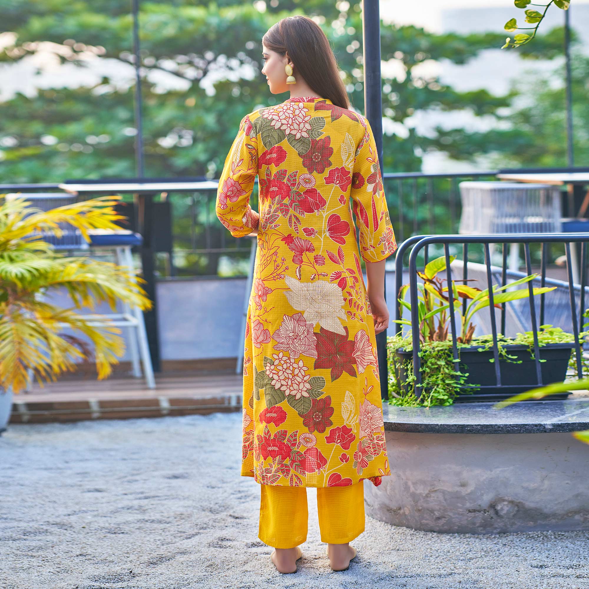 Mustard Floral Foil Printed Pure Cotton Kurti Sets