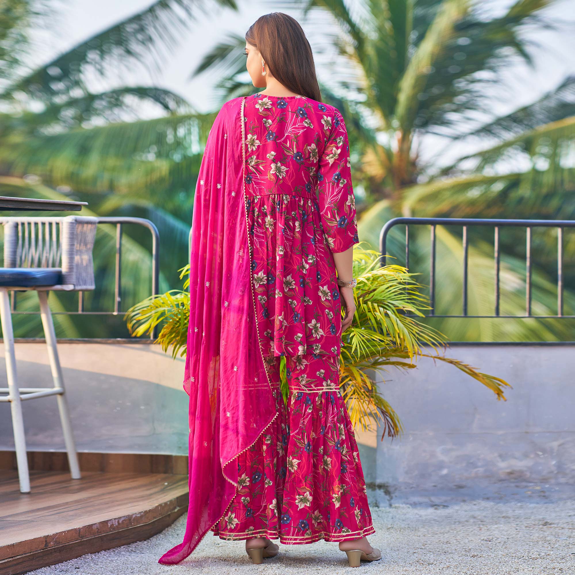 Pink Chinon Floral Printed Alia Cut Sharara Suit With Beads Handcraft