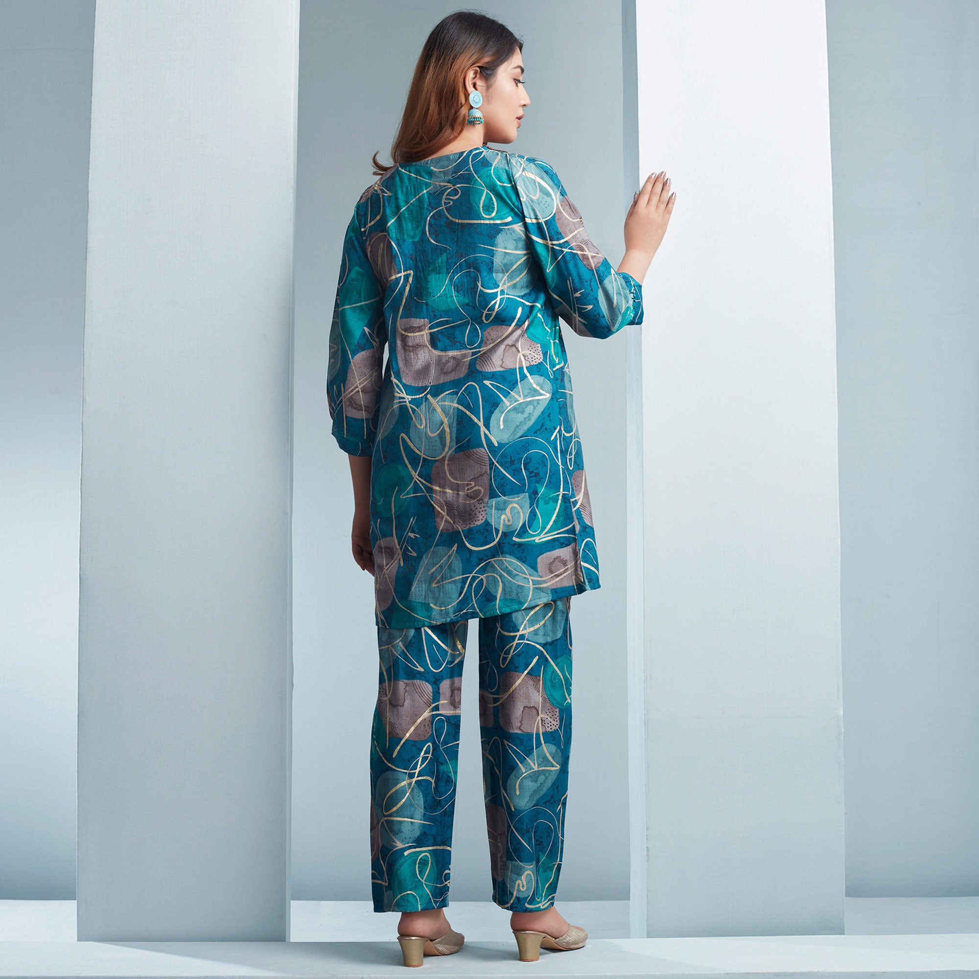 Teal Blue Foil Printed Chanderi Silk Co Ord Set With Handcrafted