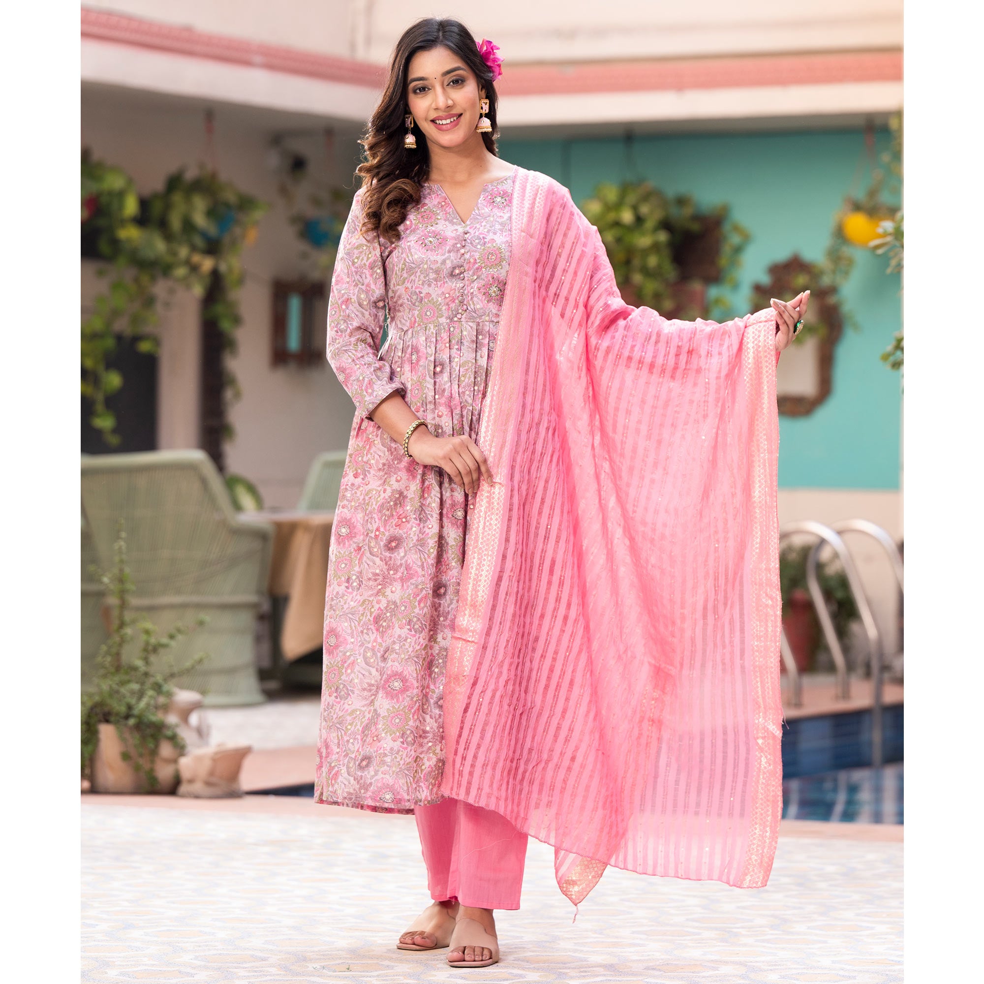 Pink Naira Cut Mulmul Cotton Suit with Handcrafted & Foil Print