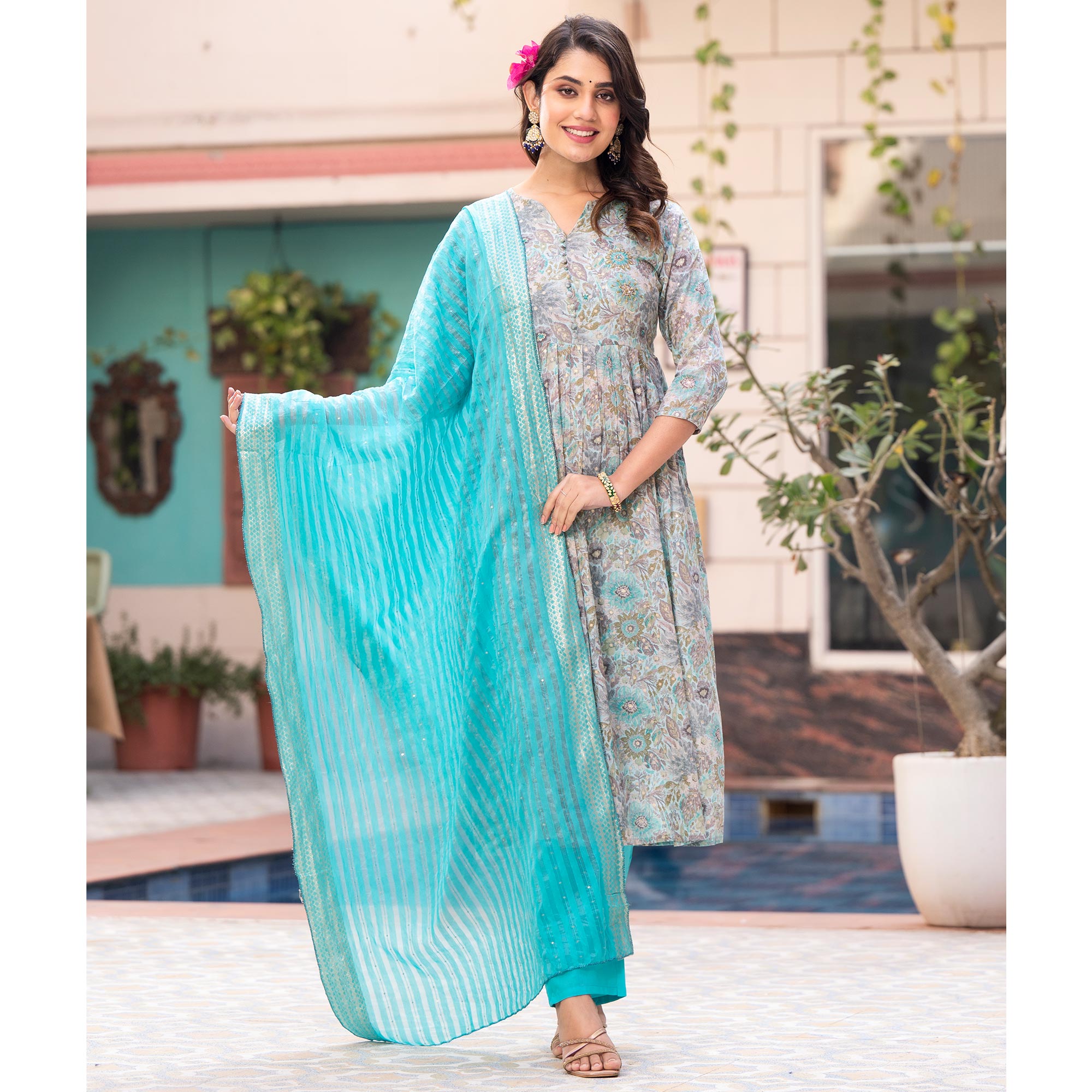 Turquoise Naira Cut Mulmul Cotton Suit with Handcrafted & Foil Print