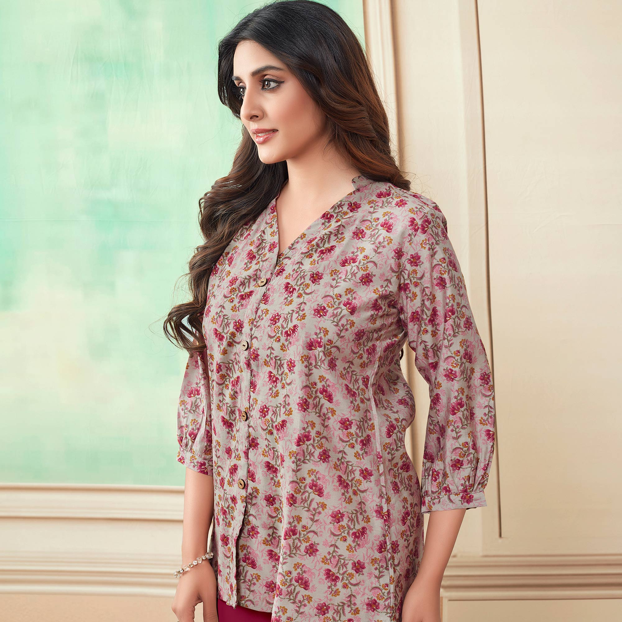 Off White & Magenta Floral Foil Printed Chanderi Silk Top