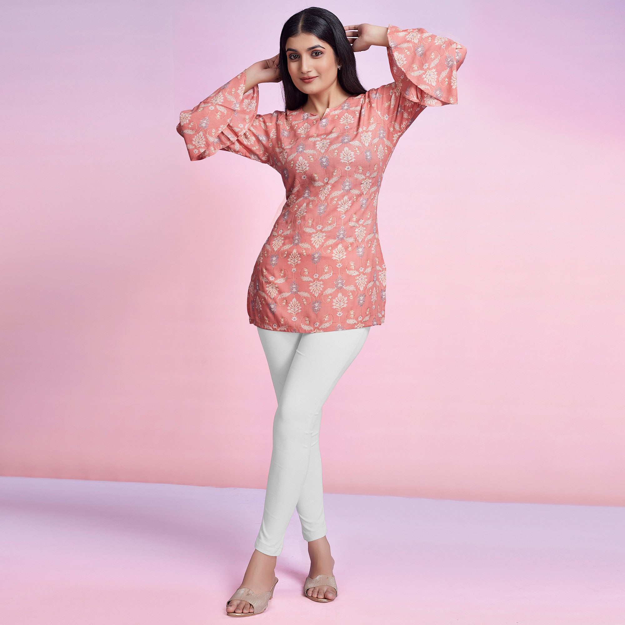 Peach Floral Foil Printed Chanderi Silk Top