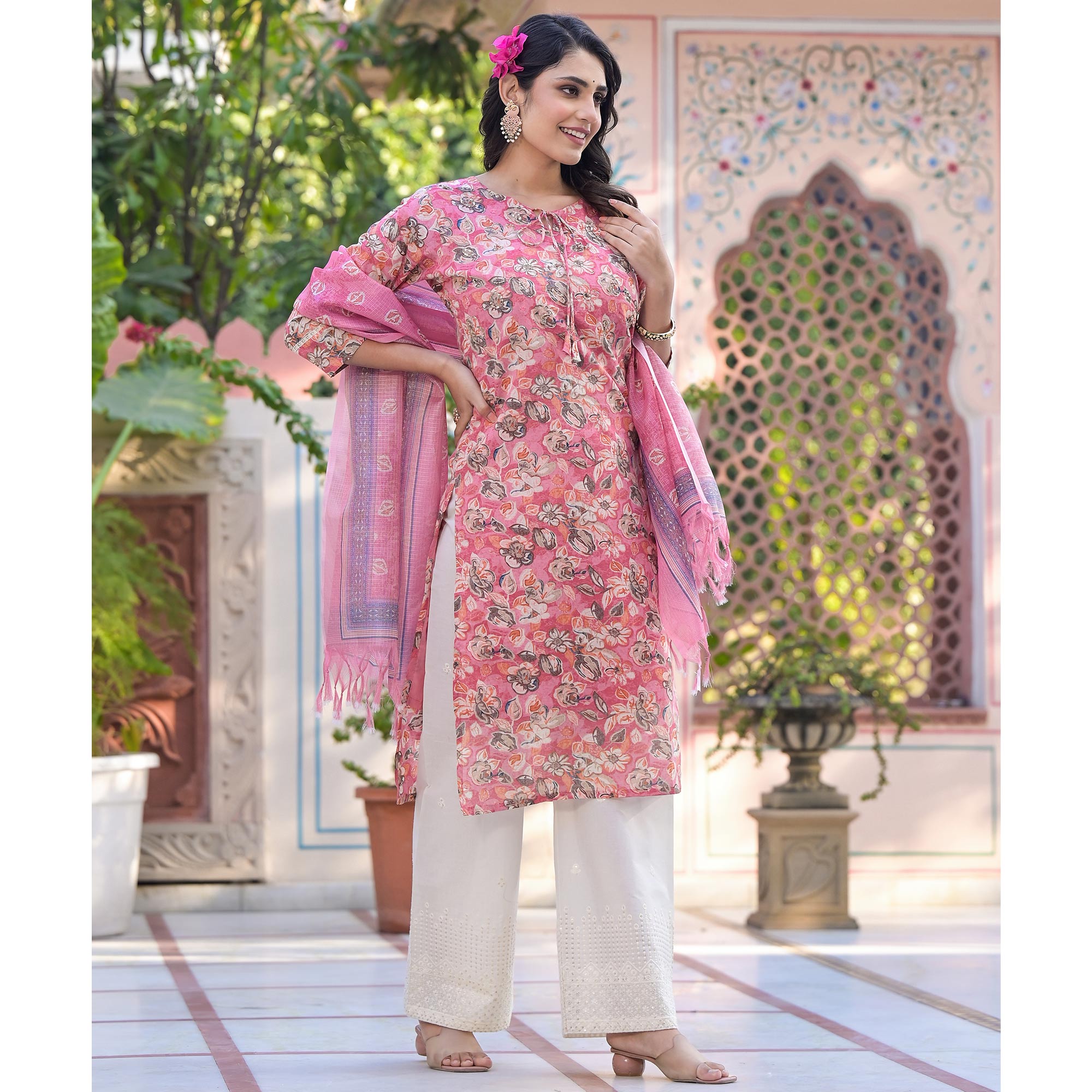 Pink Floral Mul Cotton Suit With Handcrafted & Foil Print