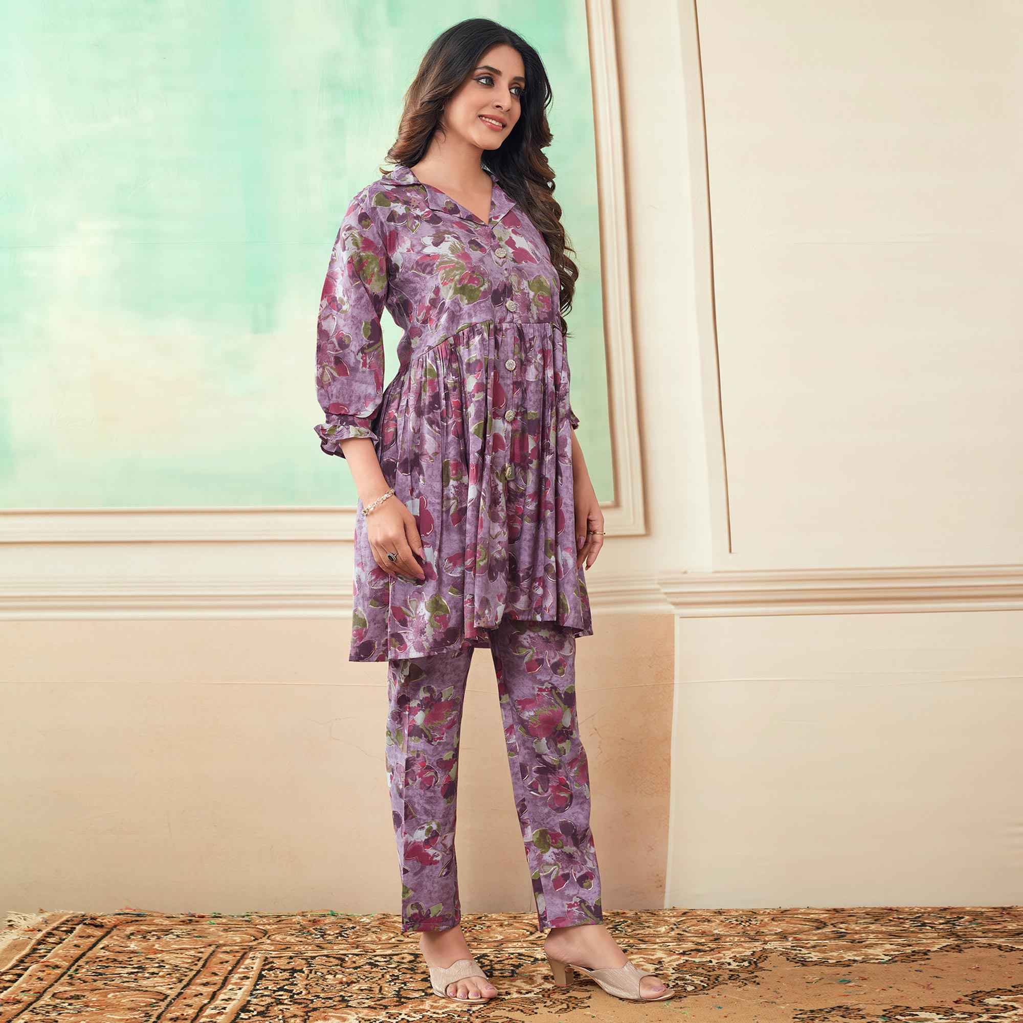 Lavender Floral Foil Printed Chanderi Silk Co Ord Set