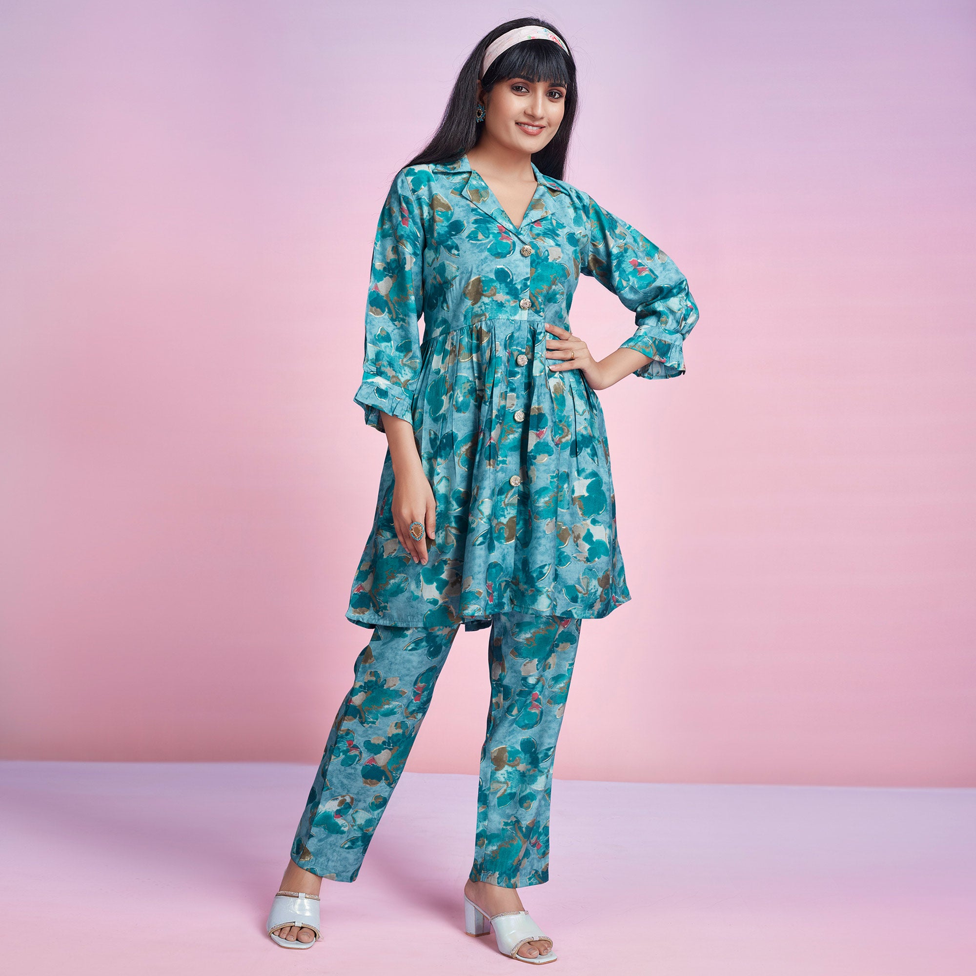 Turquoise Floral Foil Printed Chanderi Silk Co Ord Set