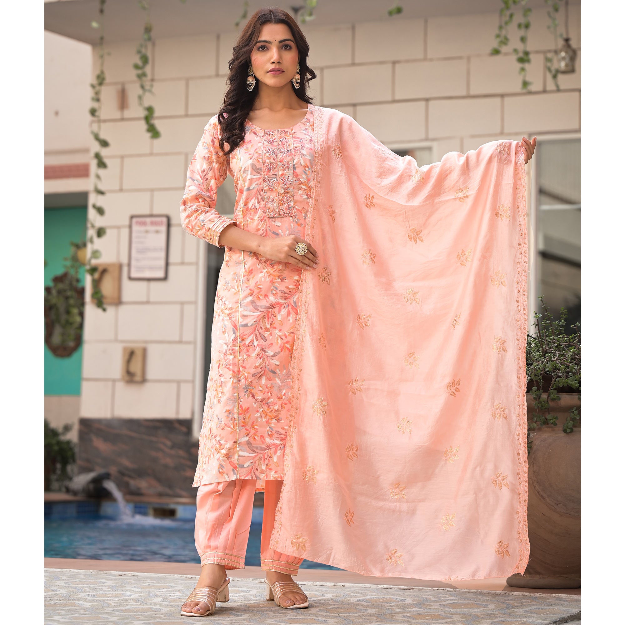 Peach Floral Foil Printed Pure Cotton A-Line Salwar Suit