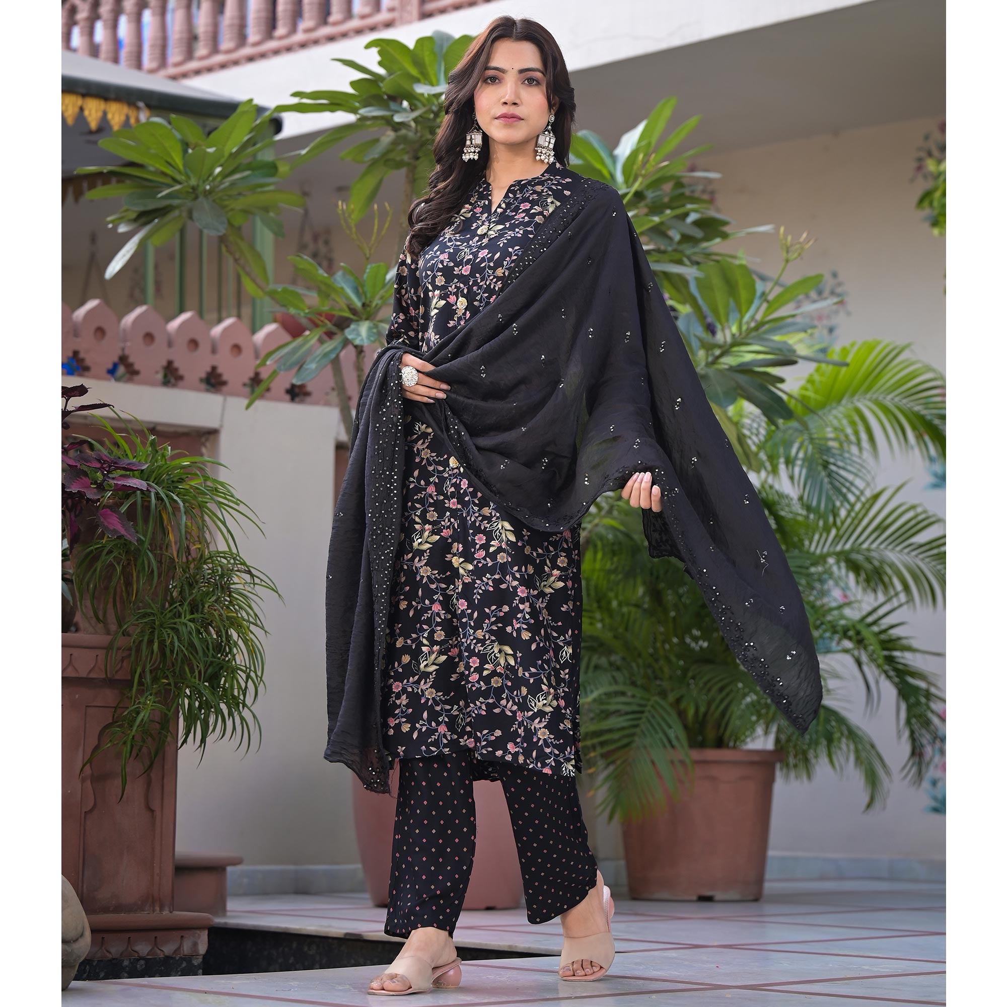 Black Floral Foil Printed Rayon Salwar Suits