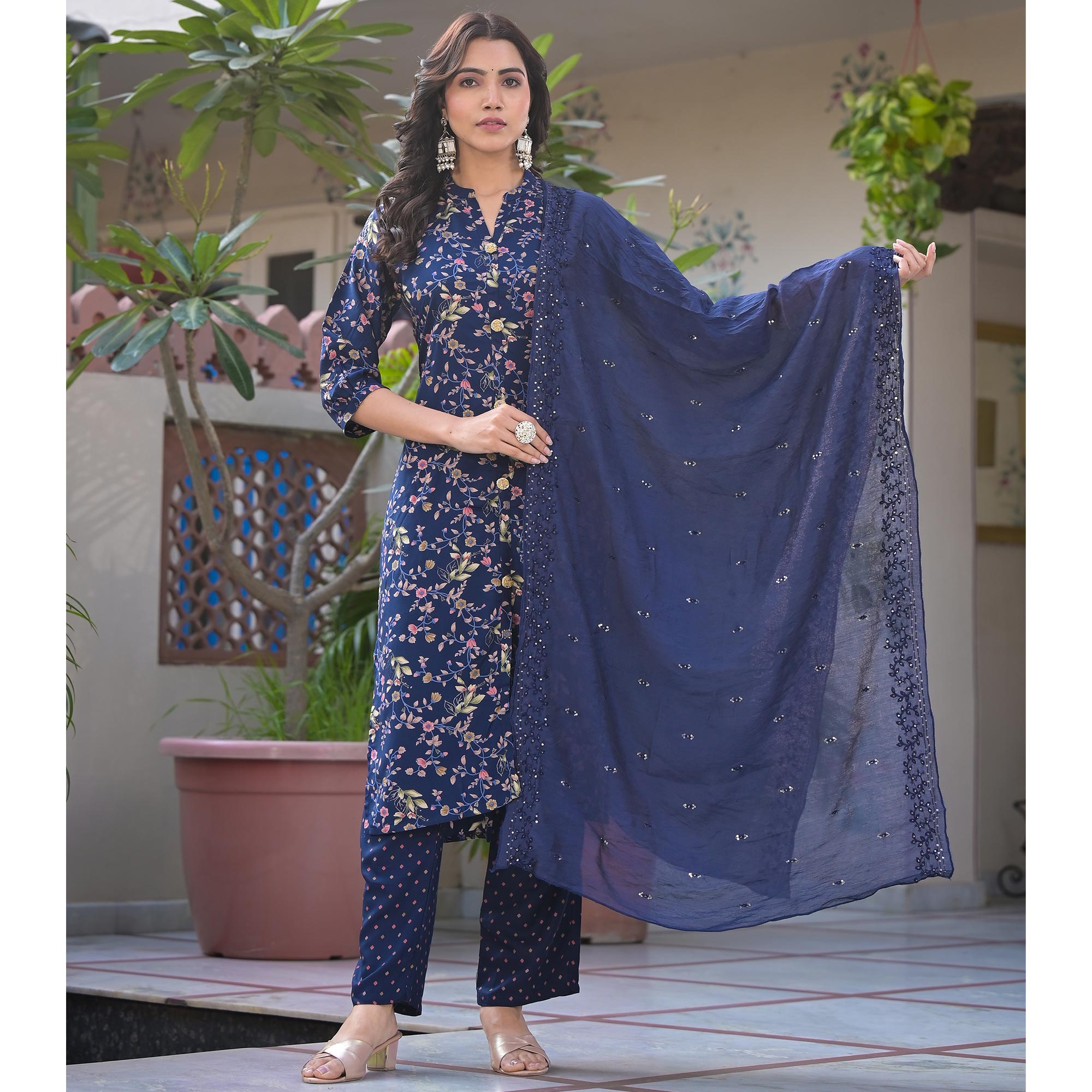 Navy Blue Floral Foil Printed Rayon Salwar Suits