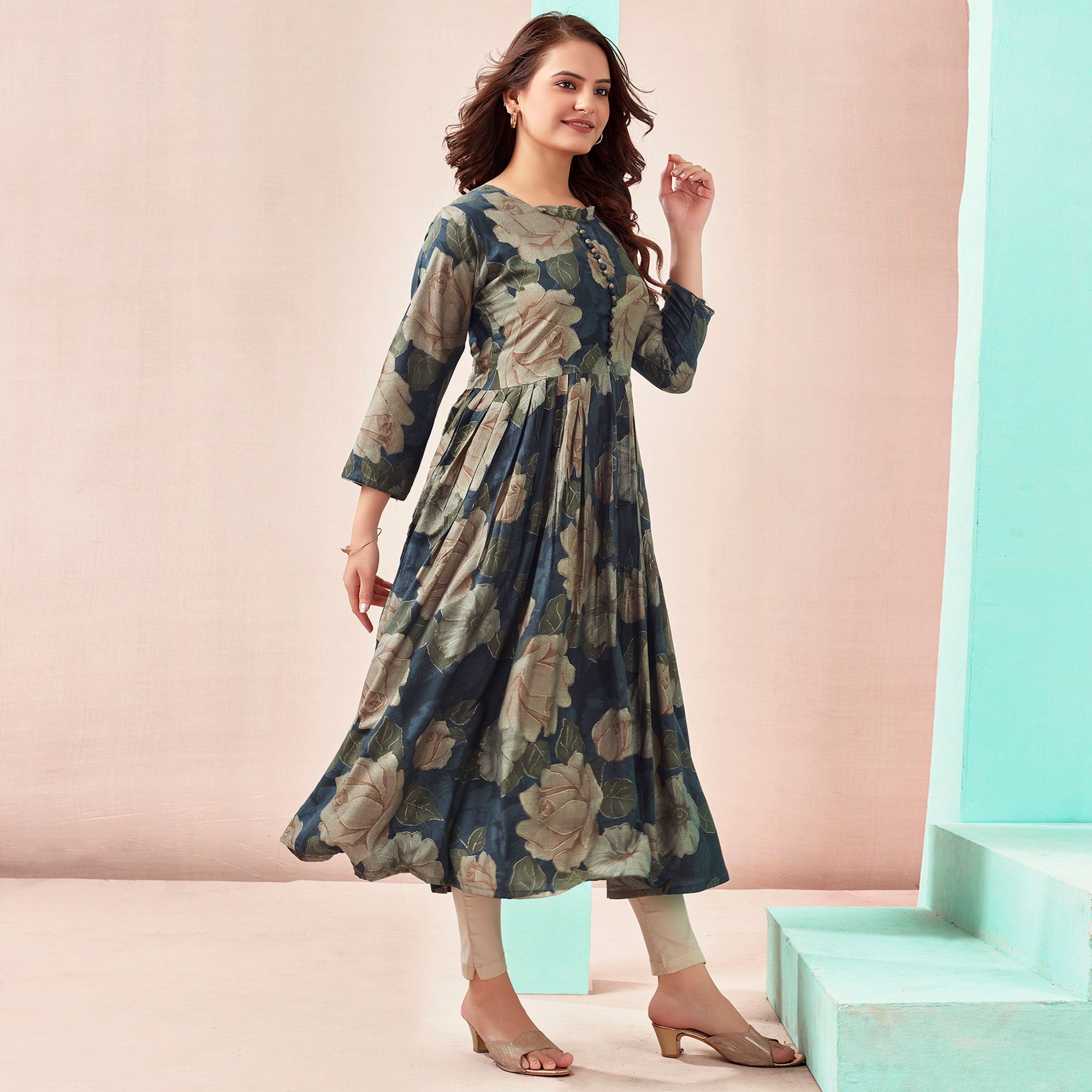 Navy Blue Floral Foil Printed Chanderi Silk Kurti