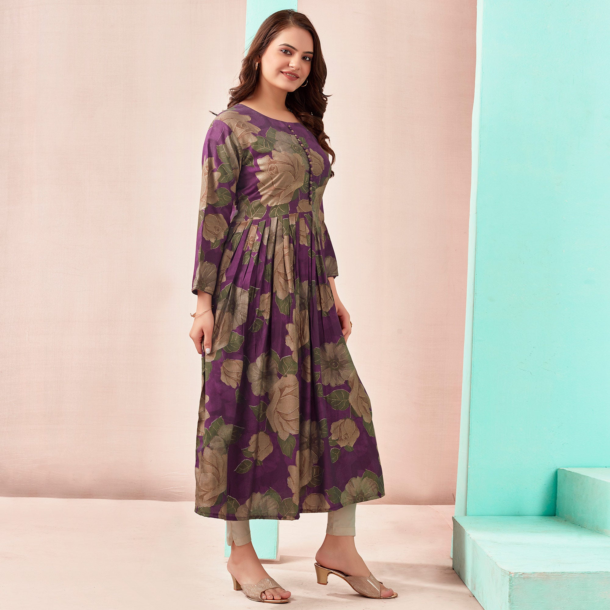 Wine Floral Foil Printed Chanderi Silk Kurti