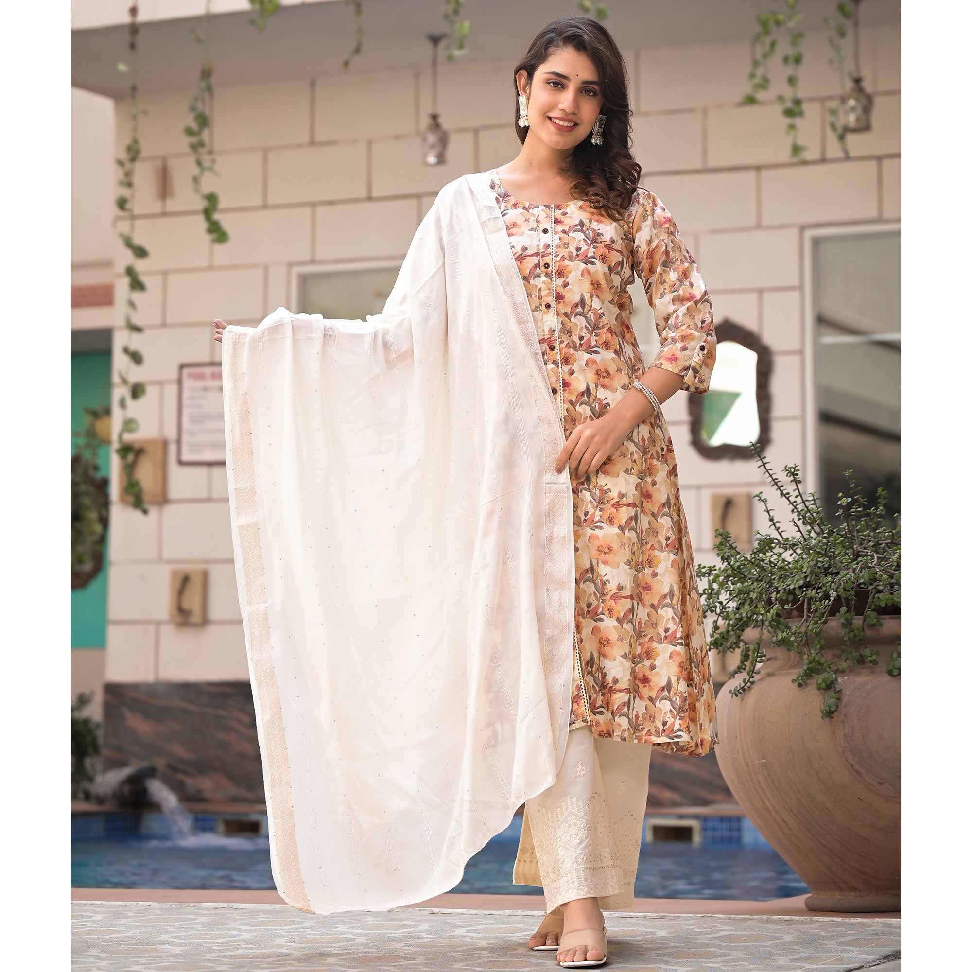 Off White Floral Printed Pure Cotton A-Line Plazzo Suit