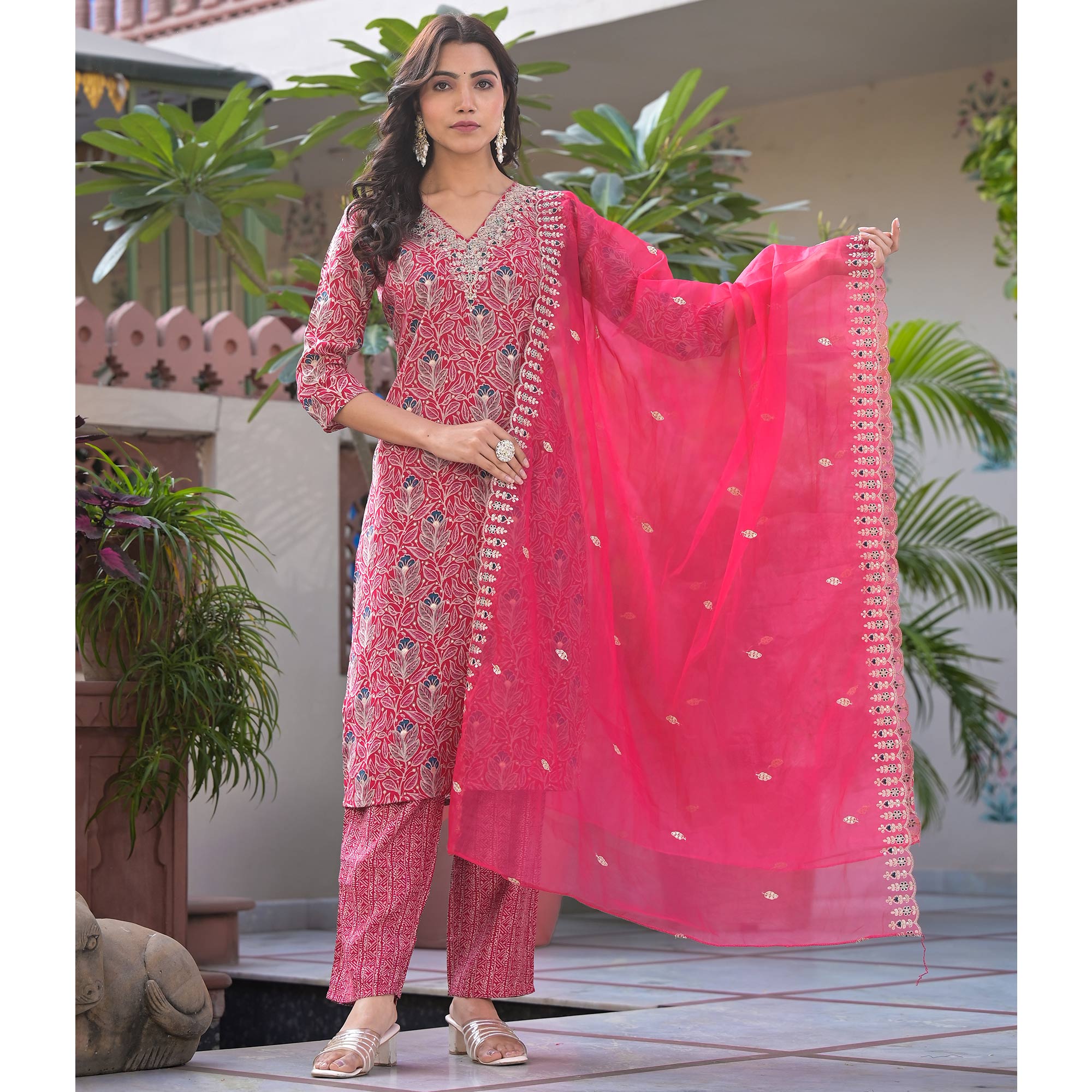 Pink Foil Printed Chanderi Straight Cut Salwar Suit