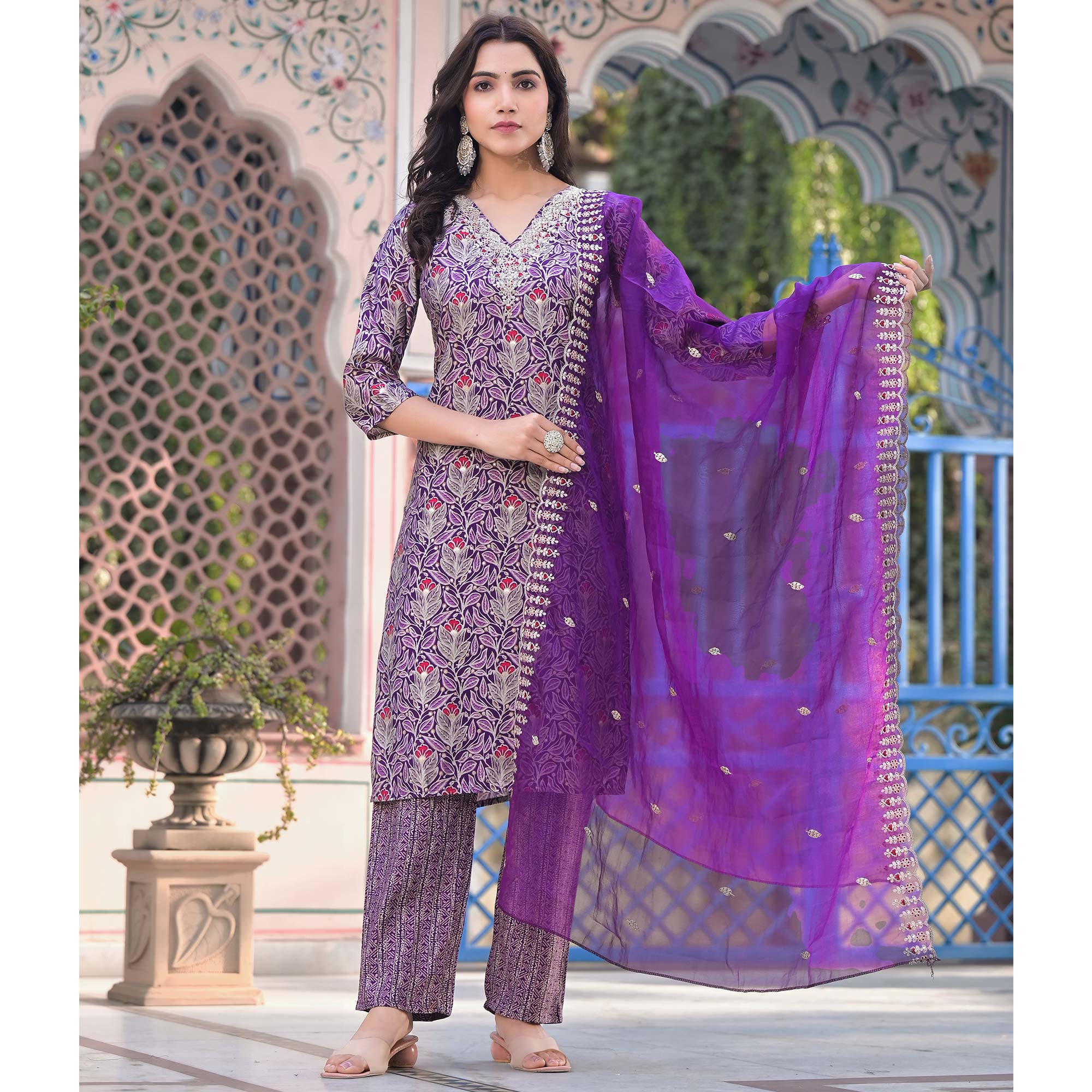 Purple Foil Printed Chanderi Straight Cut Salwar Suit