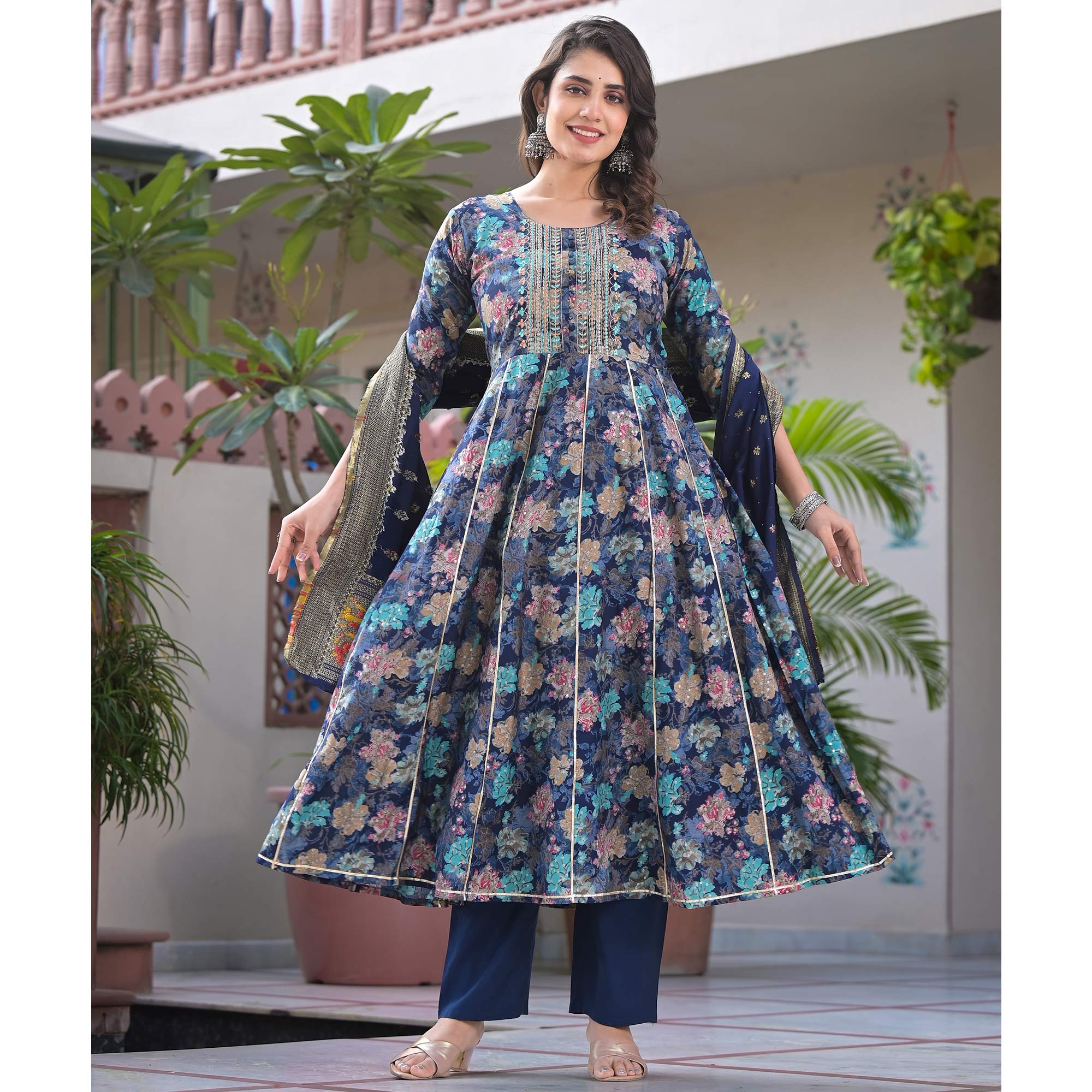 Navy Blue Floral Foil Printed Chanderi Silk Anarkali Salwar Suit