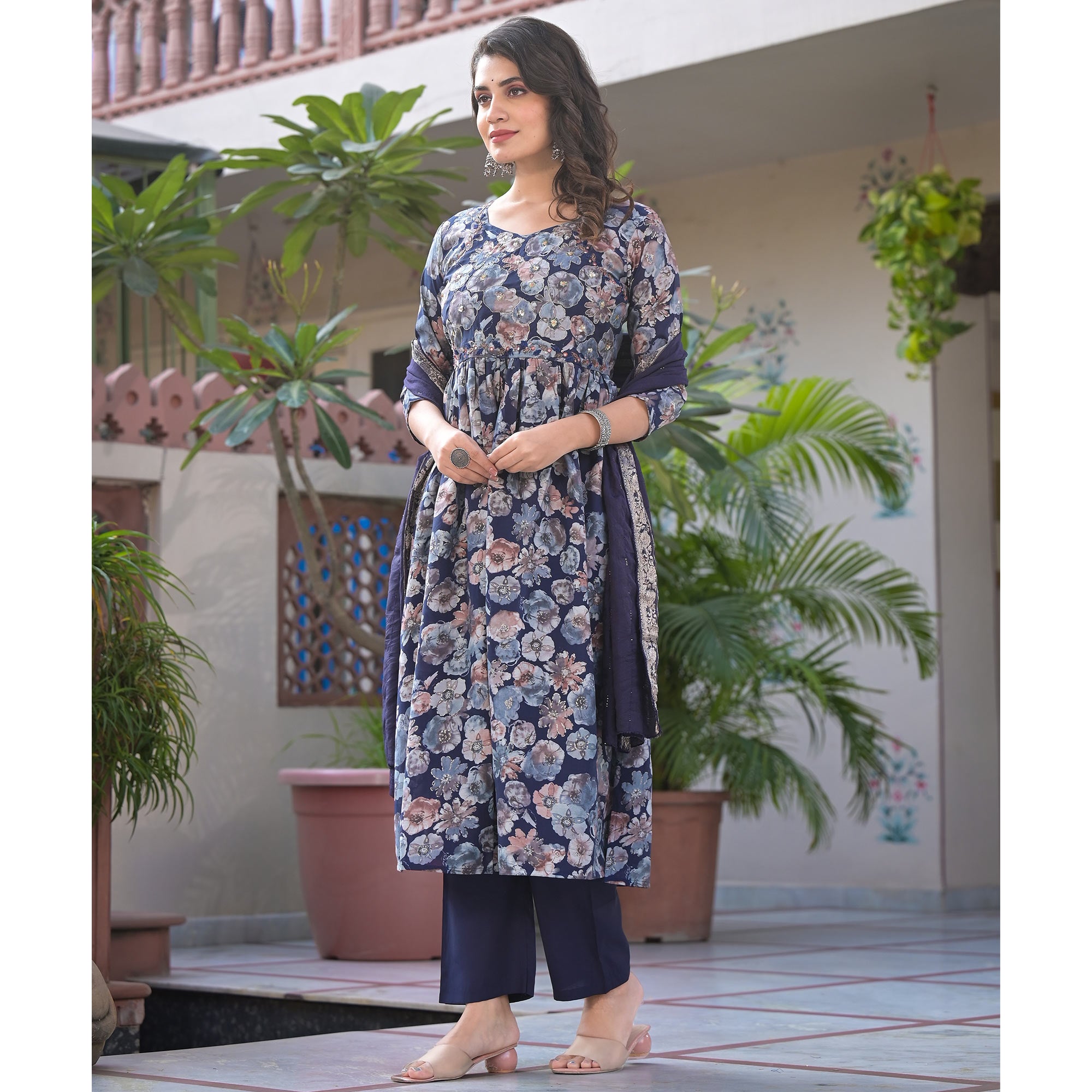Navy Blue Floral Printed Chanderi Silk Salwar Suit With Handcrafted