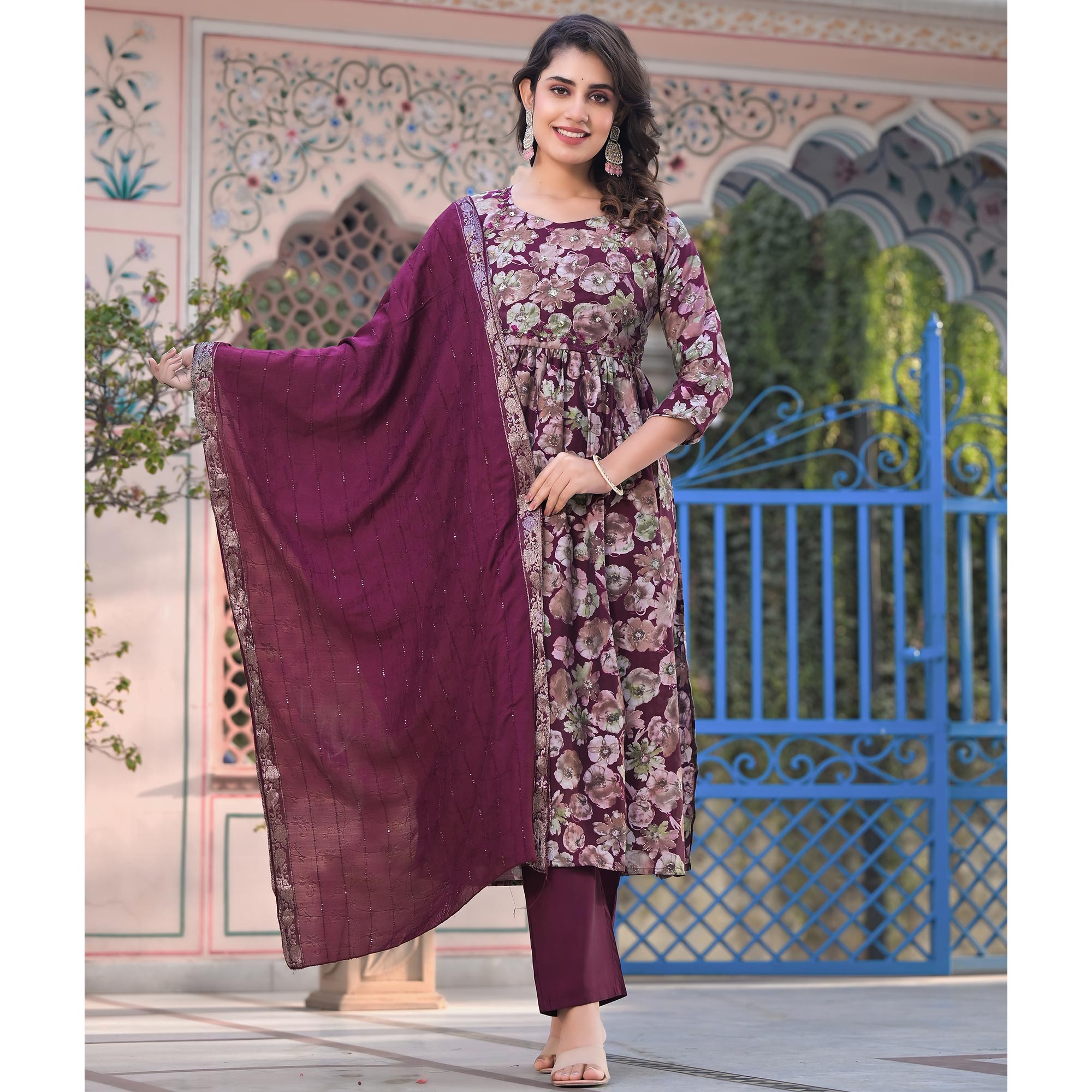 Wine Floral Printed Chanderi Silk Salwar Suit With Handcrafted