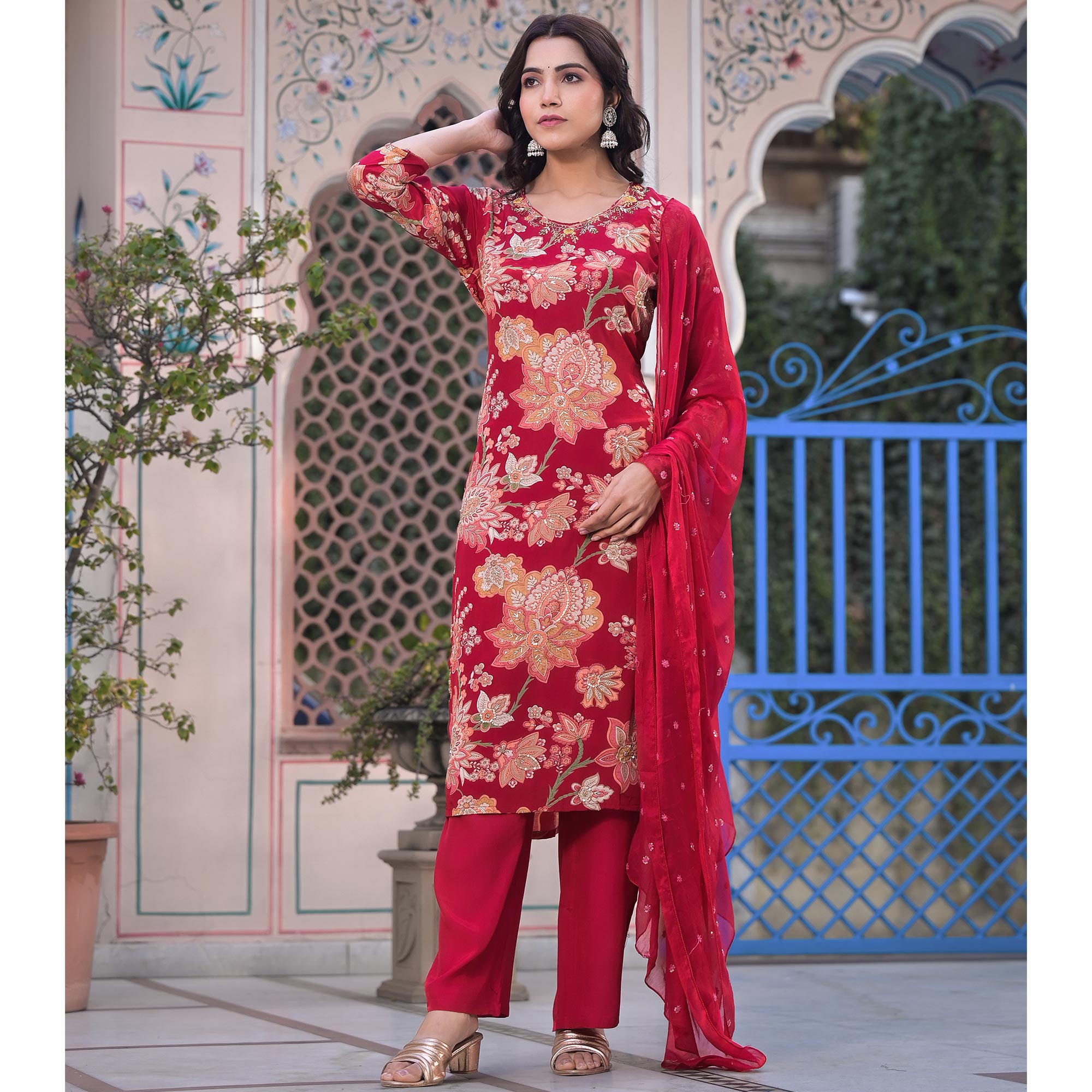 Red Floral Printed Beads Embroidered Crepe Salwar Suit