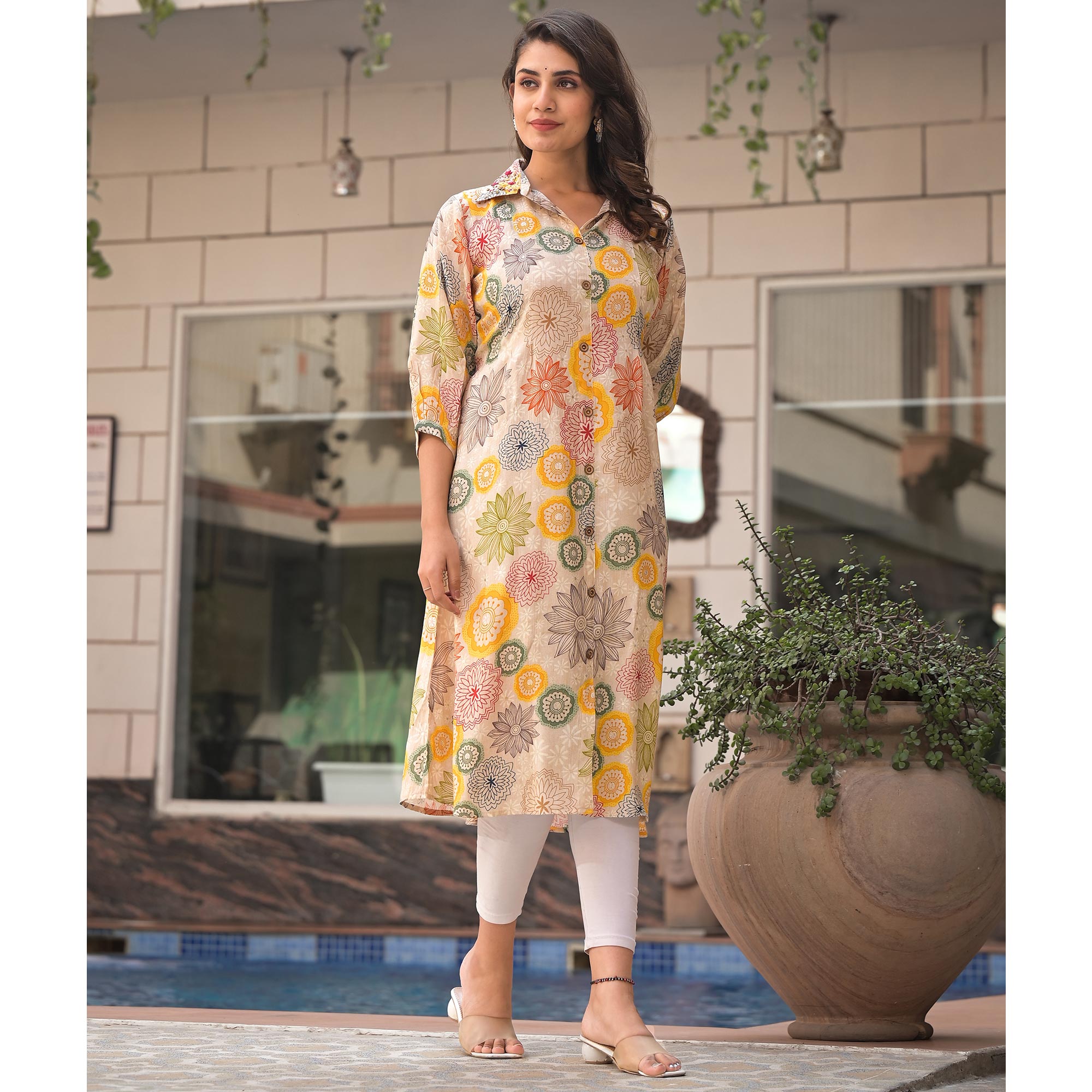 Multicolor Floral Printed Muslin A-line Kurti Dress