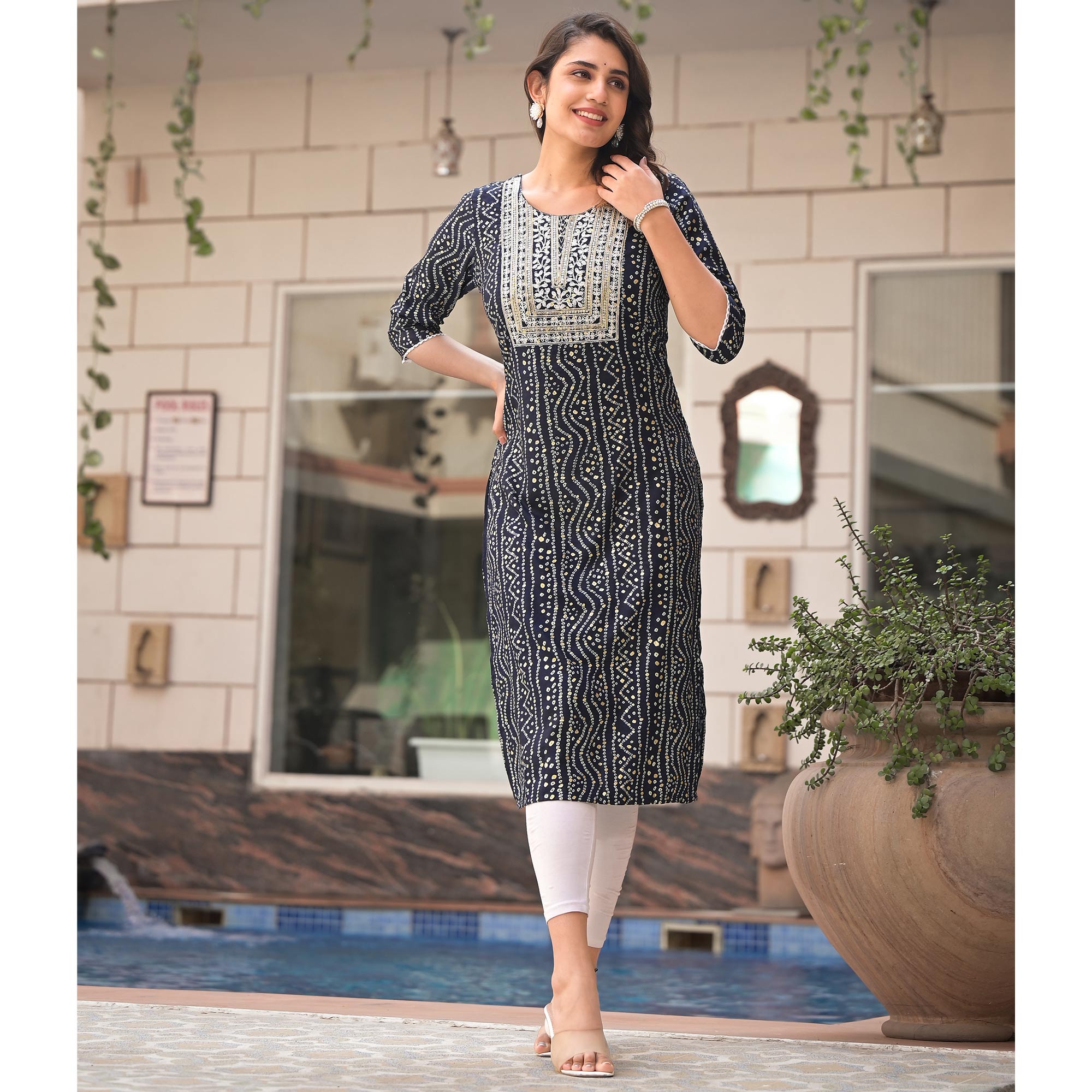 Blue Foil Bandhani Printed With Embroidered Rayon Kurti