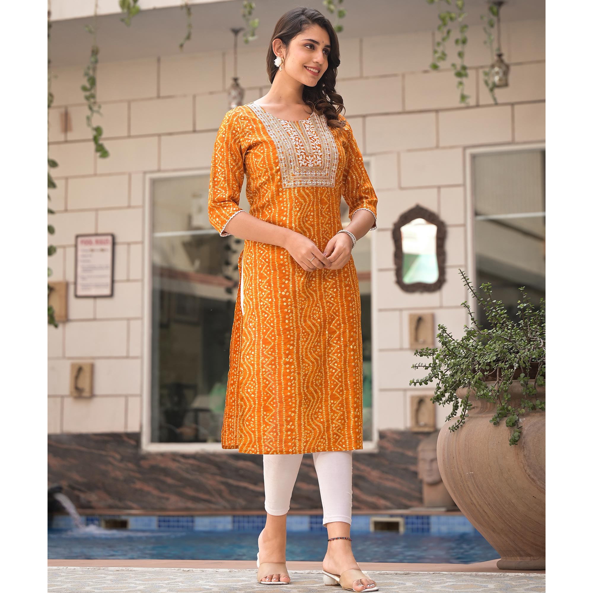 Mustard Foil Bandhani Printed With Embroidered Rayon Kurti