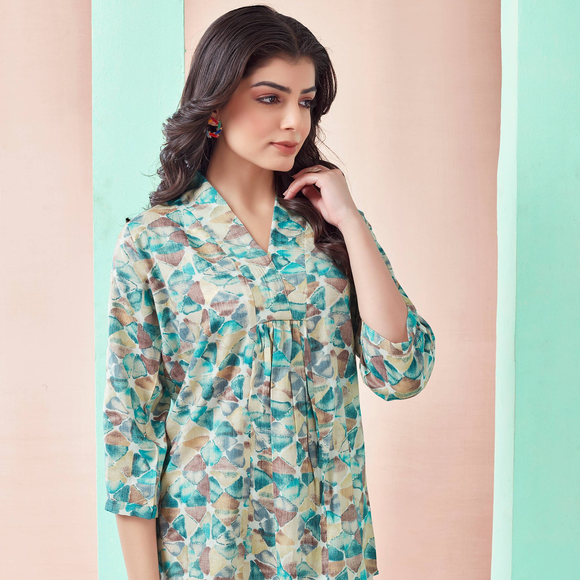 Turquoise Foil Printed Rayon A-Line Top