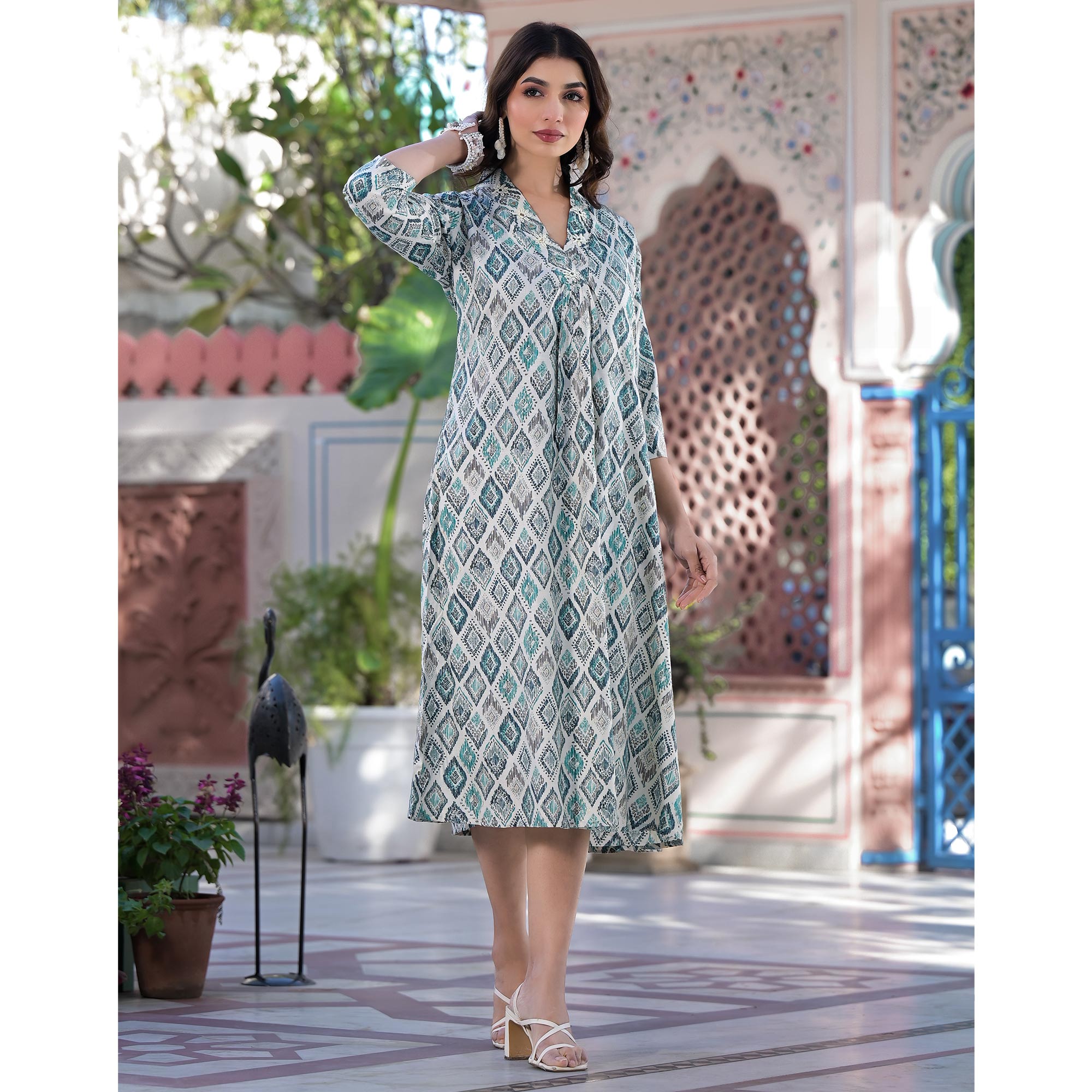 Blue Foil Printed Pure Cotton A-Line Kurti Dress