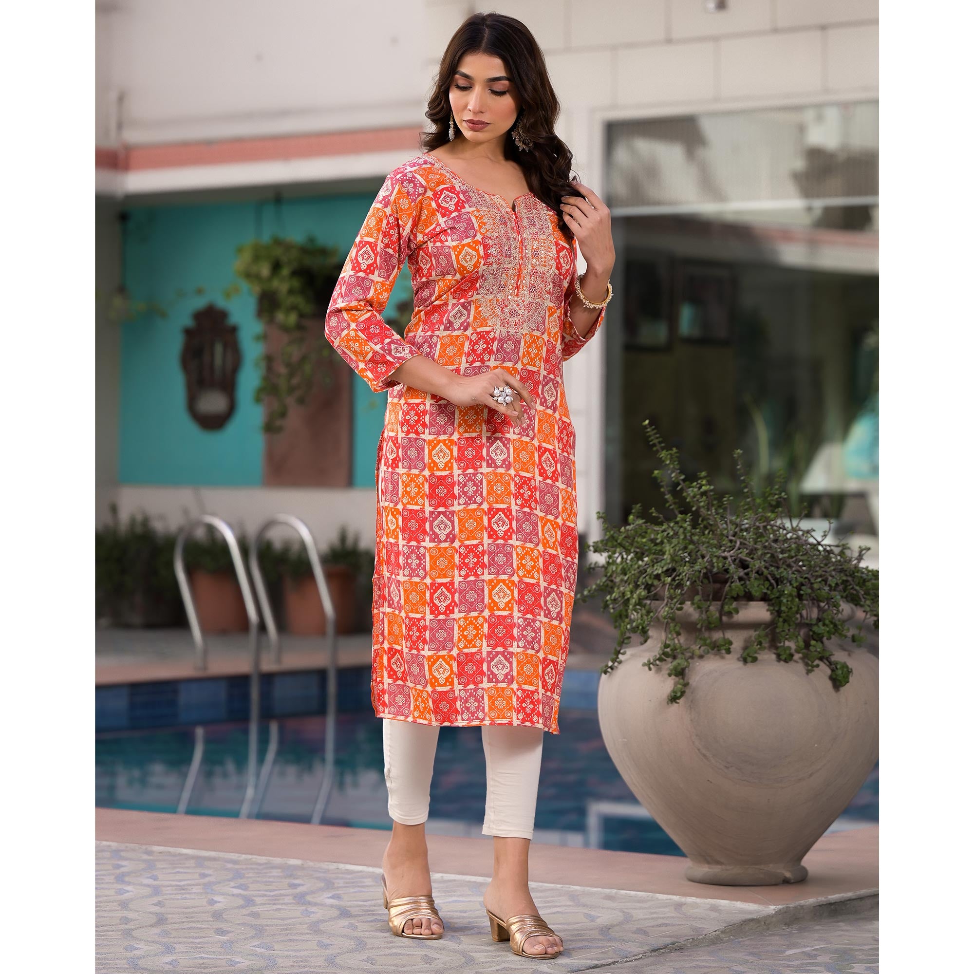 Red & Orange Bandhani Foil Printed Rayon Straight Kurti