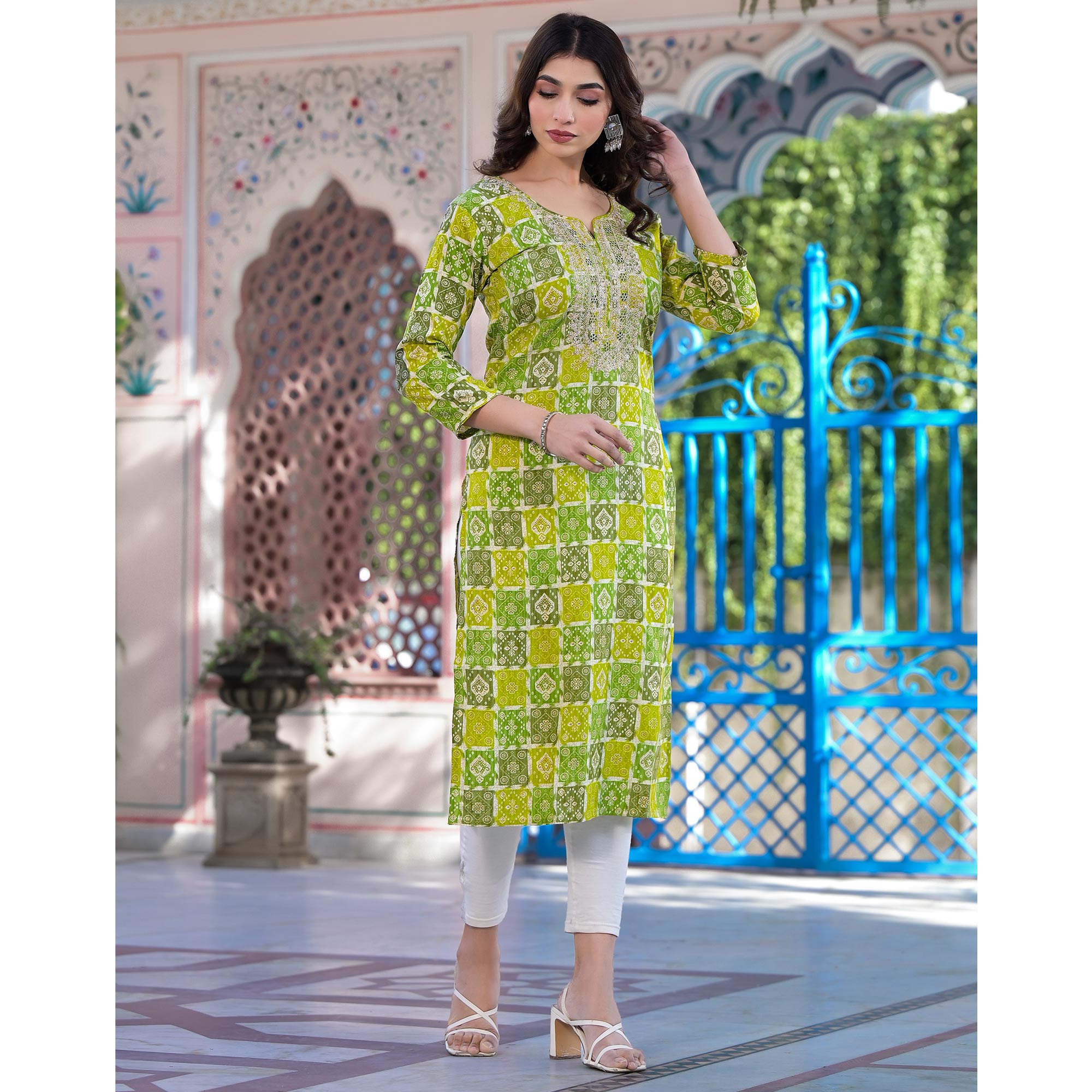 Yellow & Green Bandhani Foil Printed Rayon Straight Kurti