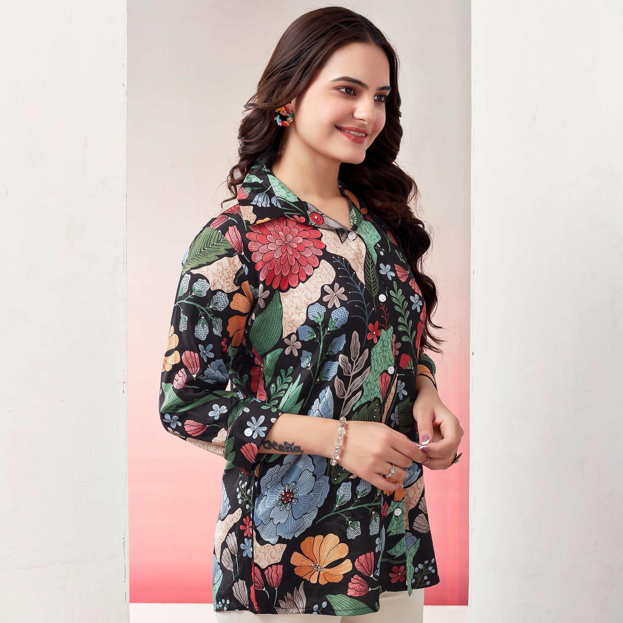 Black Floral Printed Muslin Top