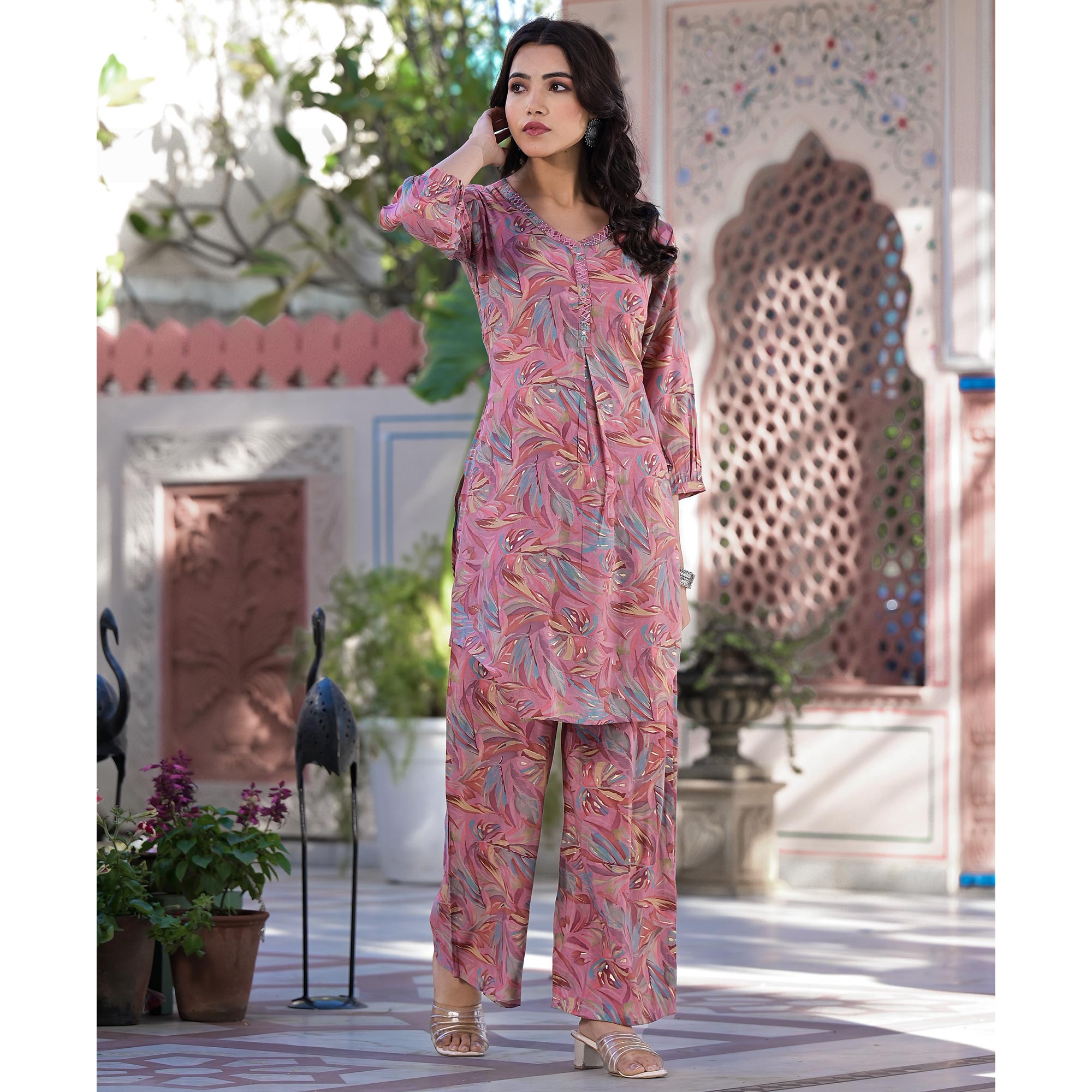 Pink Floral Foil Printed Chanderi Silk Straight Co-ord Set