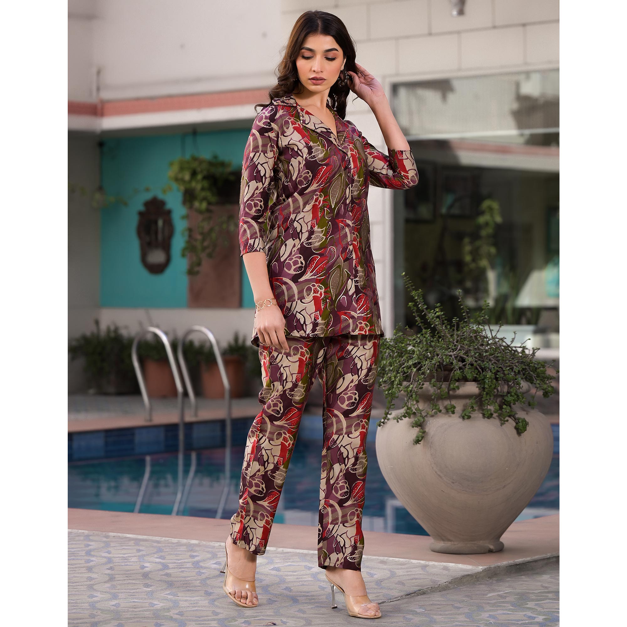 Purple Foil Printed Chanderi Silk Co Ord Set