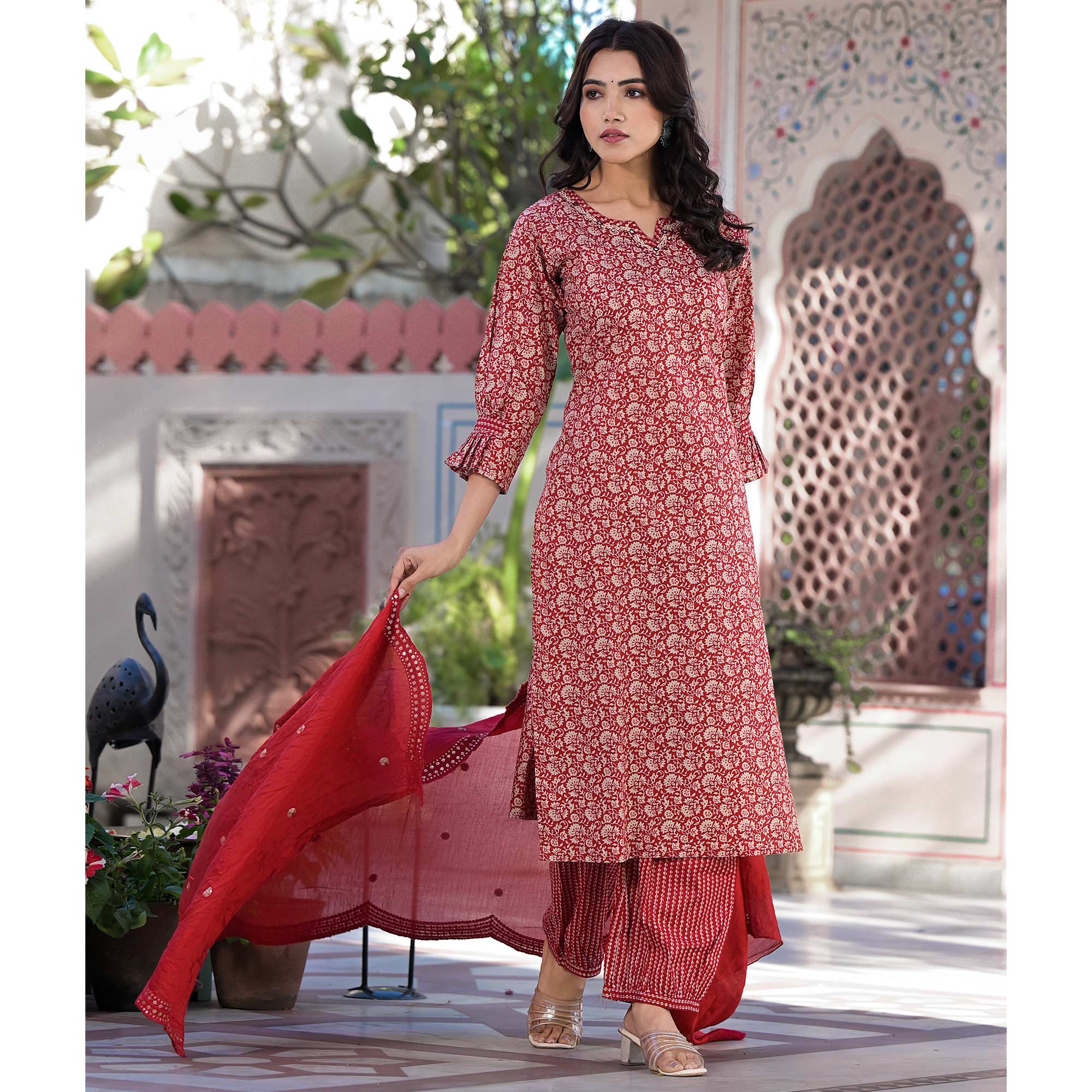 Red Floral Printed Pure Cotton Salwar Suit