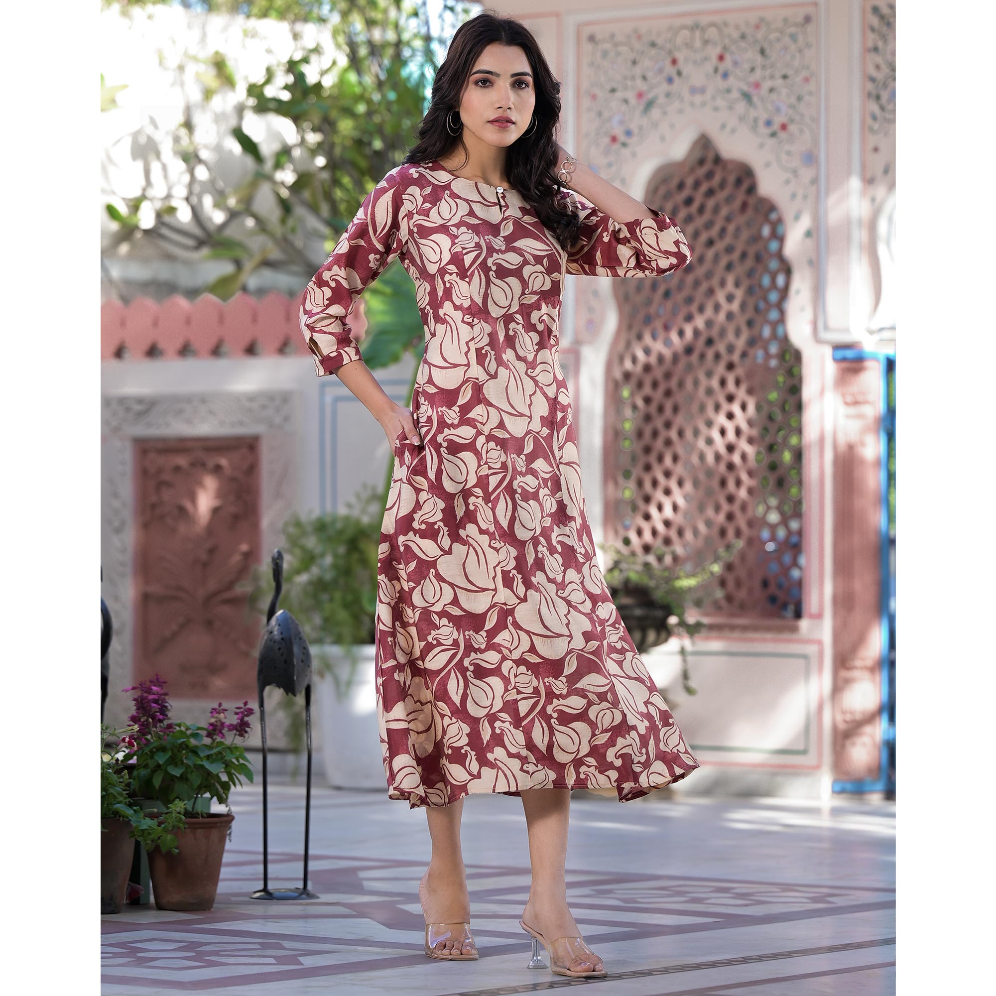 Maroon Floral Printed Chanderi Silk Dress