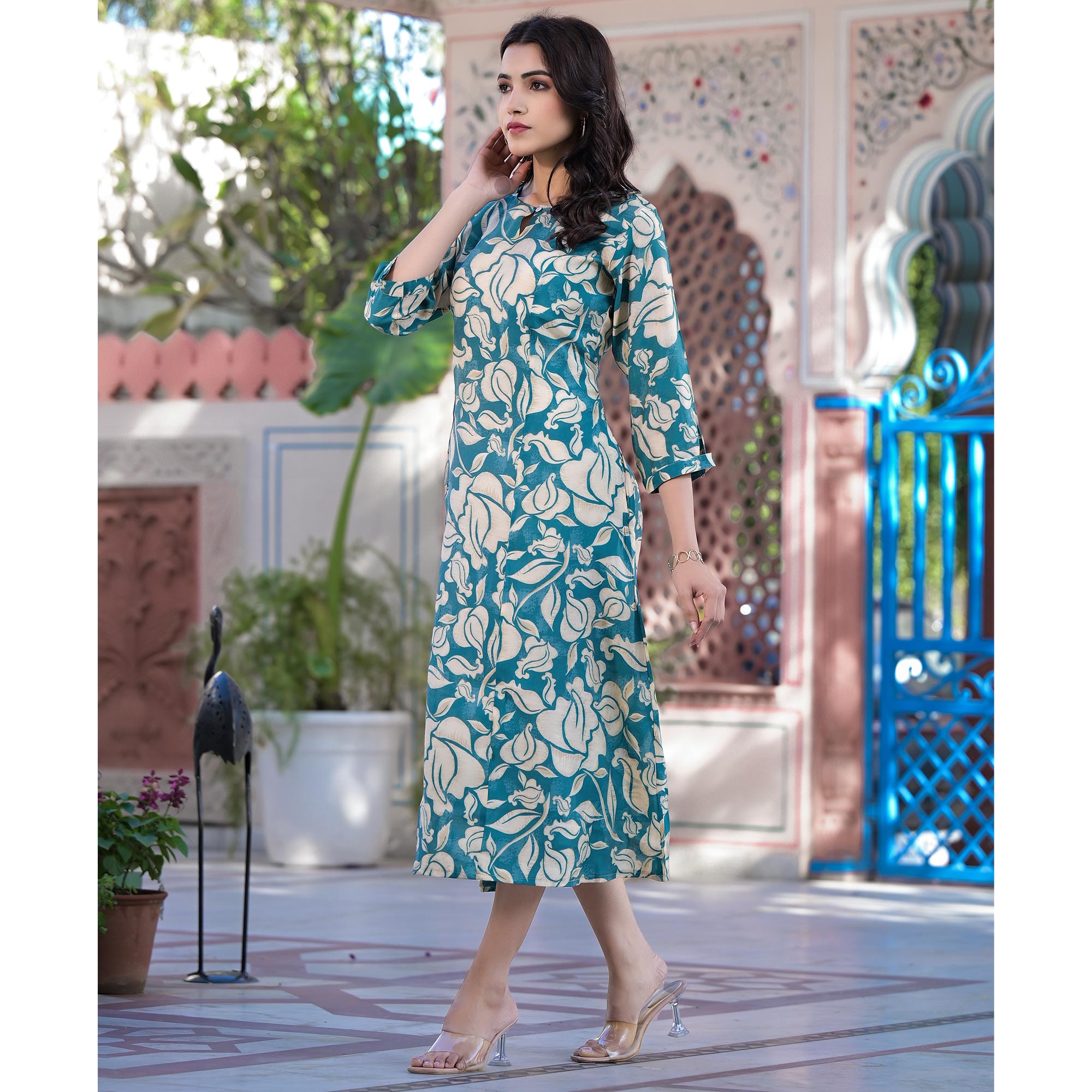 Turquoise Floral Printed Chanderi Silk Dress